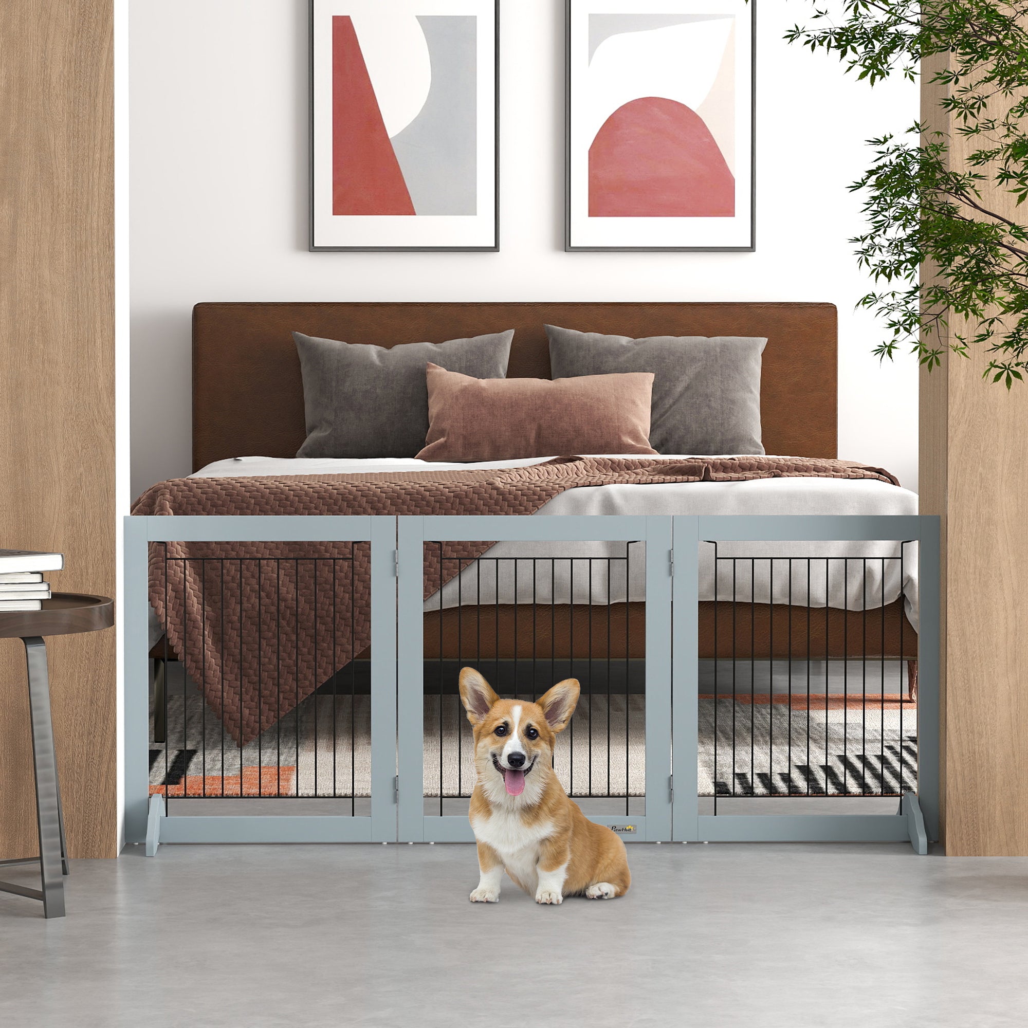 Freestanding Dog Cate, Foldable Wooden Pet Gate with  - 61cm Tall, for Stairways, Doorways, Hallways, Small Dogs - Grey