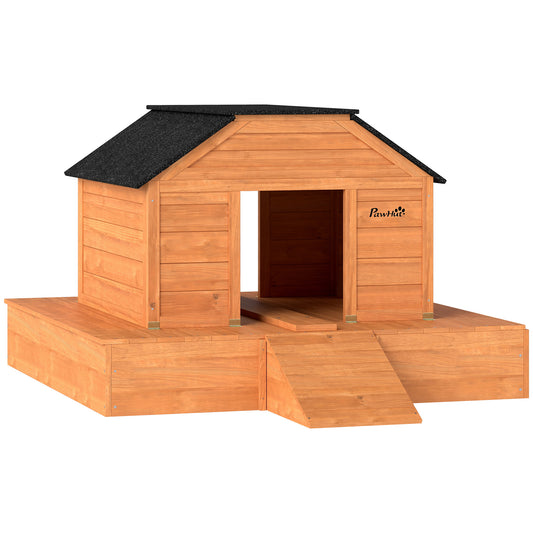 Floating Duck Coop, Wooden Duck House with Ramp and Waterproof Asphalt Roof, Small Animal House with Dual Openings for 1-2 Poultry, Small Geese, 66" x 43" x 28", Orange