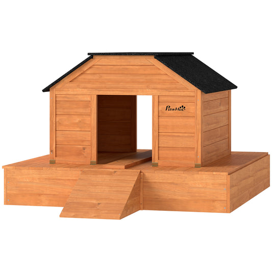 Floating Duck Coop, Wooden Duck House with Ramp and Waterproof Asphalt Roof, Small Animal House with Dual Openings for 1-2 Poultry, Small Geese, 66" x 43" x 28", Orange