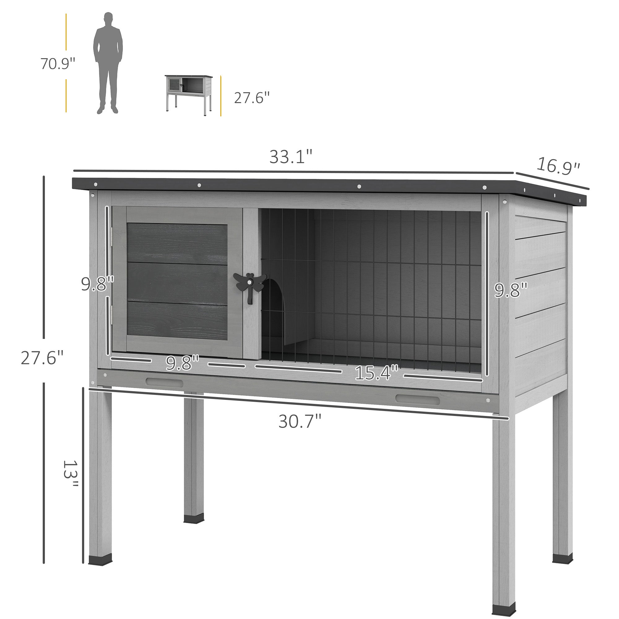 Elevated Wooden Rabbit Hutch, Indoor/Outdoor Bunny Cage with Hinged Asphalt Roof and Removable Tray for Guinea Pig, Gray