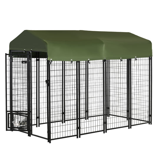 Outdoor Dog Kennel, Run, Large Wire Steel Fence, Lockable Pet Playpen Enclosure, with Water-, UV-Resistant Canopy Top, Door, Rotating Bowl Holders, 8ft x 4ft x 6ft, Green