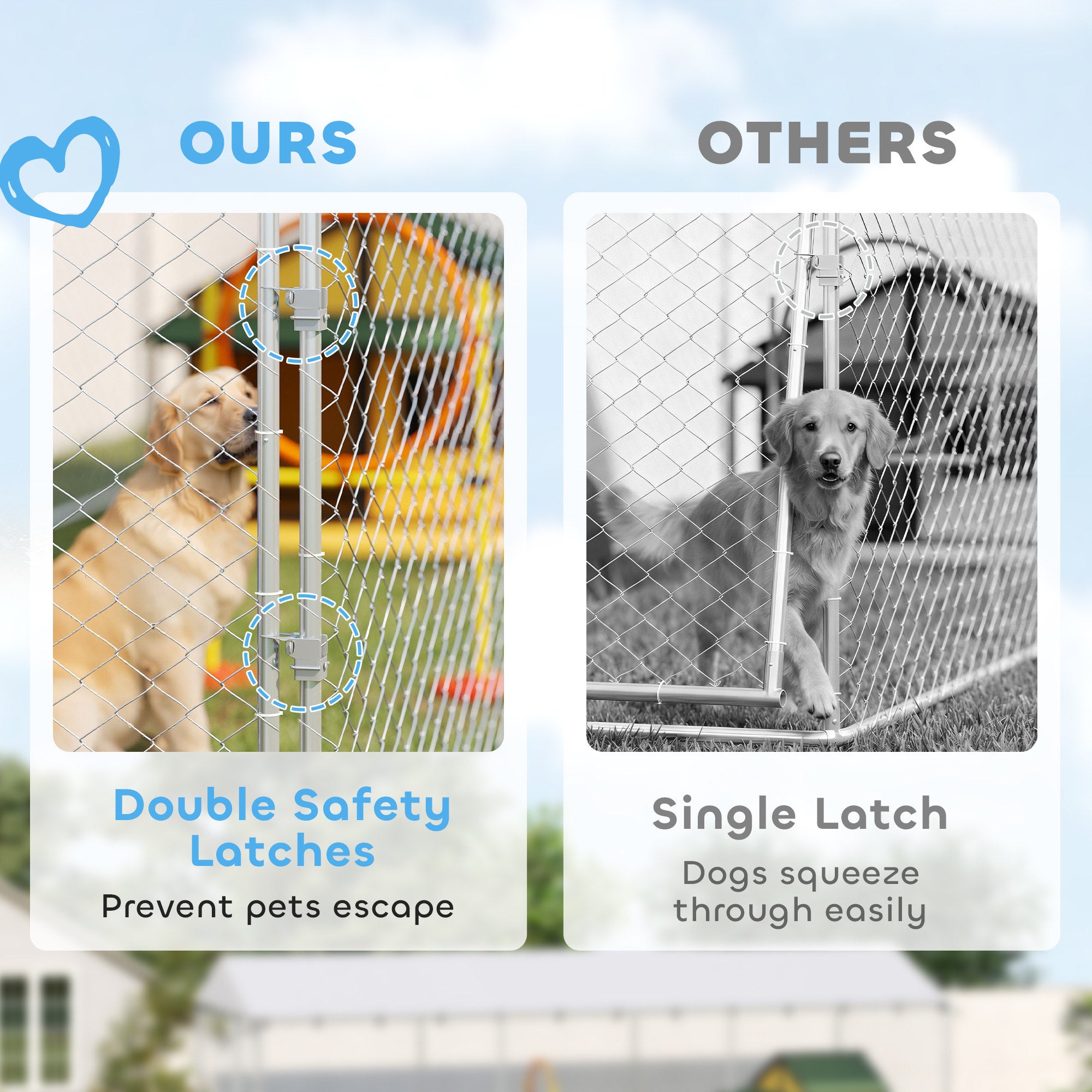 Outdoor Dog Kennel, Heavy Duty Dog Run Outdoor Fence with Waterproof Cover, Galvanized Chain Link, Secure Lock, for Large Breeds, Chickens, Ducks, 20' x 7.5' x 6.5'