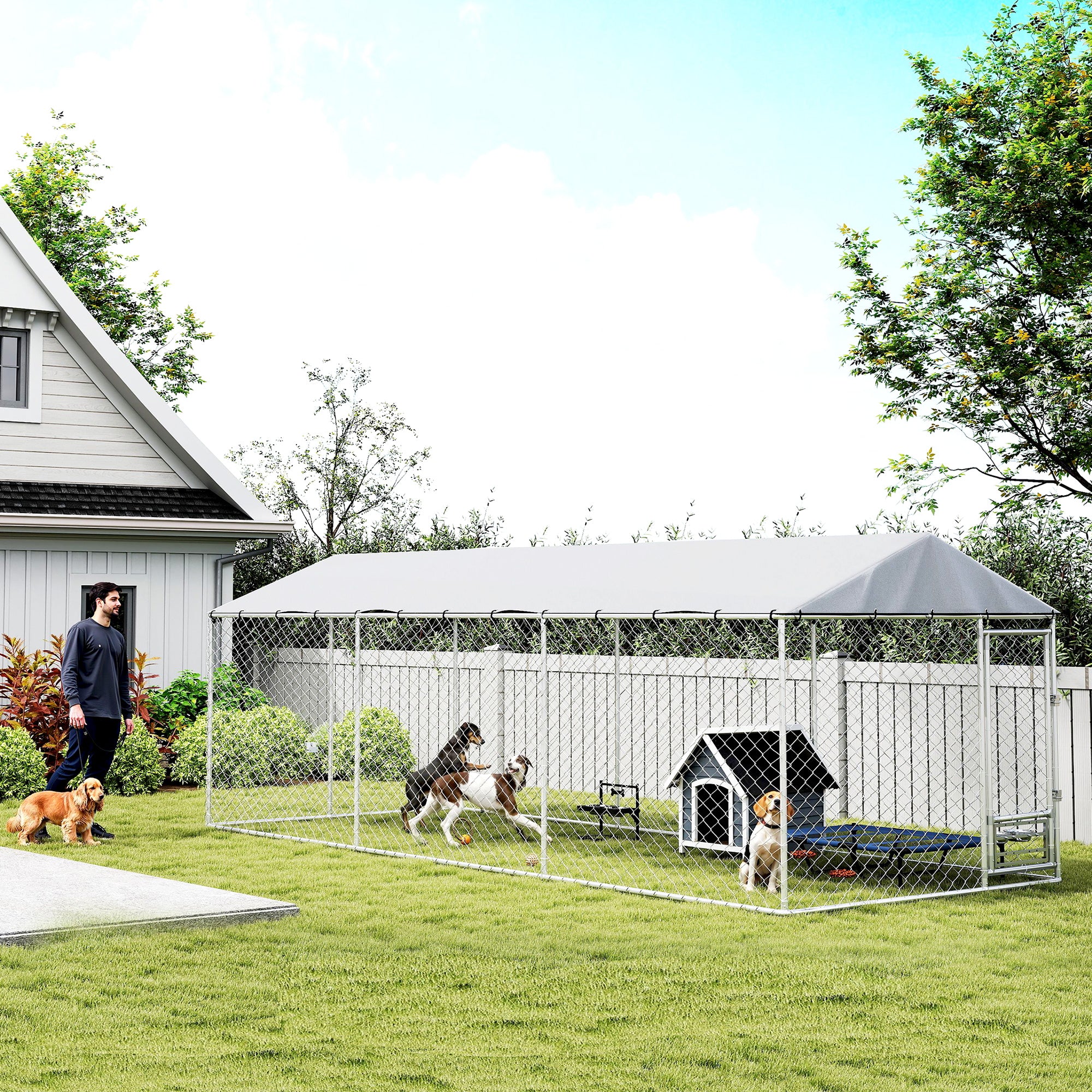 Outdoor Dog Kennel with Roof, 20' x 7.5' x 6.5' Chain Link Dog Run with Waterproof UV-Resistant Cover, Double Secure Locks, Adjustable Rotating Bowls, for Large Breeds, Chickens, Ducks, Geese