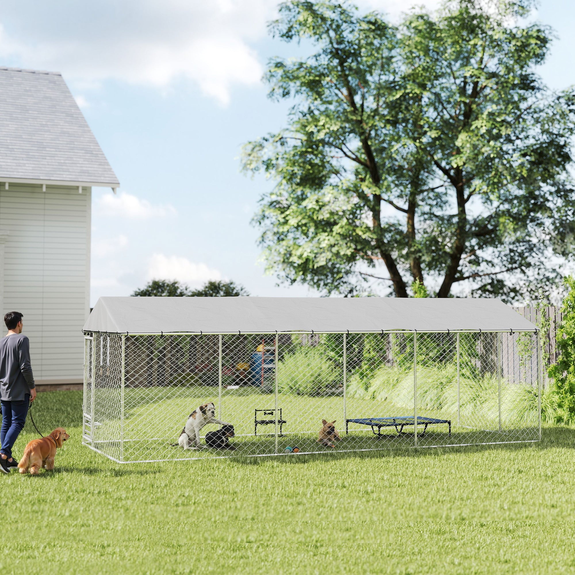 Outdoor Dog Kennel with Roof, 20' x 7.5' x 6.5' Chain Link Dog Run with Waterproof UV-Resistant Cover, Double Secure Locks, Adjustable Rotating Bowls, for Large Breeds, Chickens, Ducks, Geese