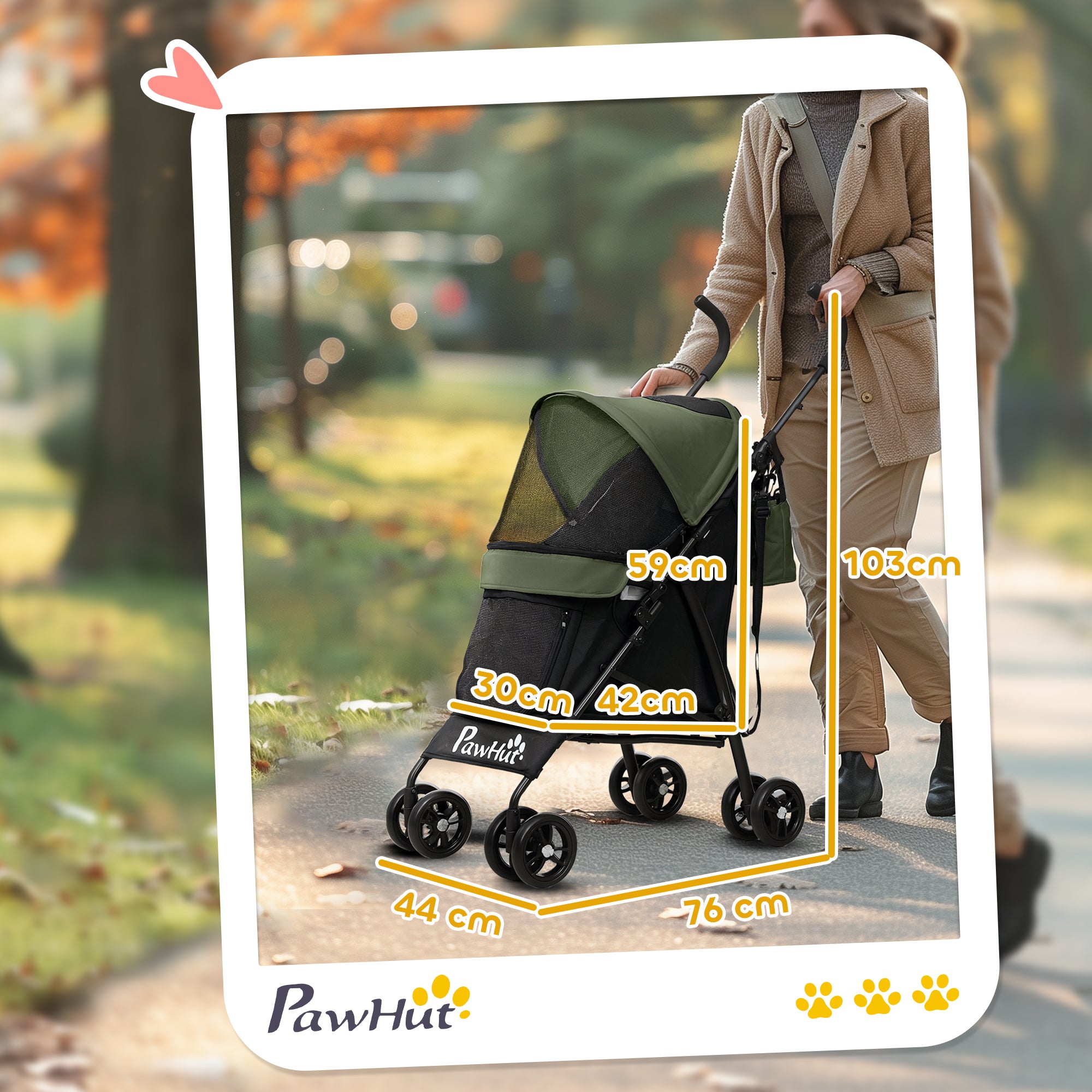 Pet stroller for Miniature Dogs, Foldable Dog Stroller with Shoulder Strap, 4 Wheels Pet Pram with Storage Bag, Cup Holder, Dark Green
