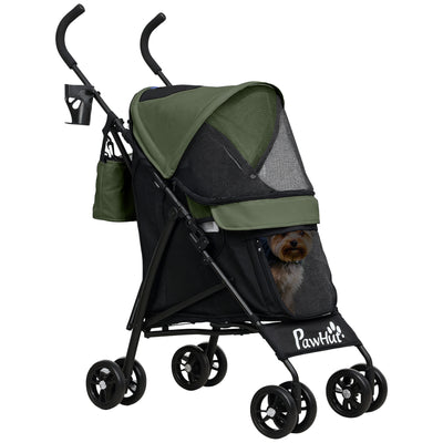 Pet stroller for Miniature Dogs, Foldable Dog Stroller with Shoulder Strap, 4 Wheels Pet Pram with Storage Bag, Cup Holder, Dark Green