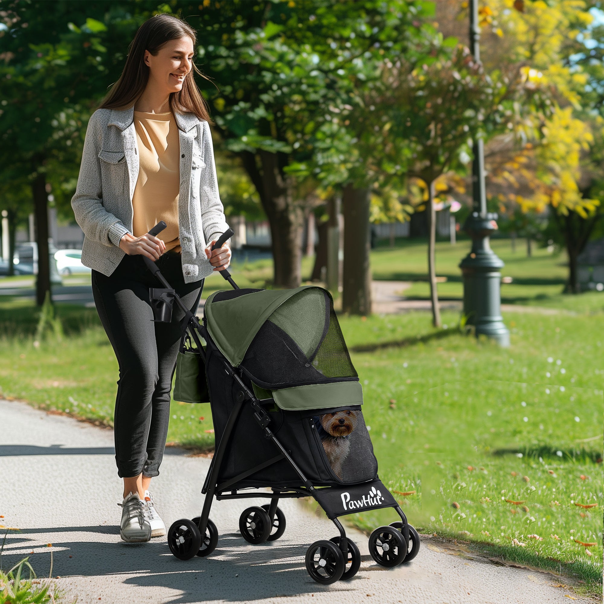 Pet stroller for Miniature Dogs, Foldable Dog Stroller with Shoulder Strap, 4 Wheels Pet Pram with Storage Bag, Cup Holder, Dark Green