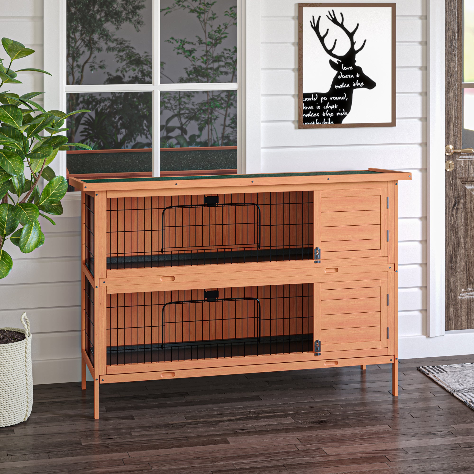 54" 2-Story Large Rabbit Hutch Bunny Cage Wooden Pet House Small Animal Habitat with Lockable Doors, No Leak Tray and waterproof Roof for Rabbits, Chickens, Ducks, Outdoor/Indoor Natural