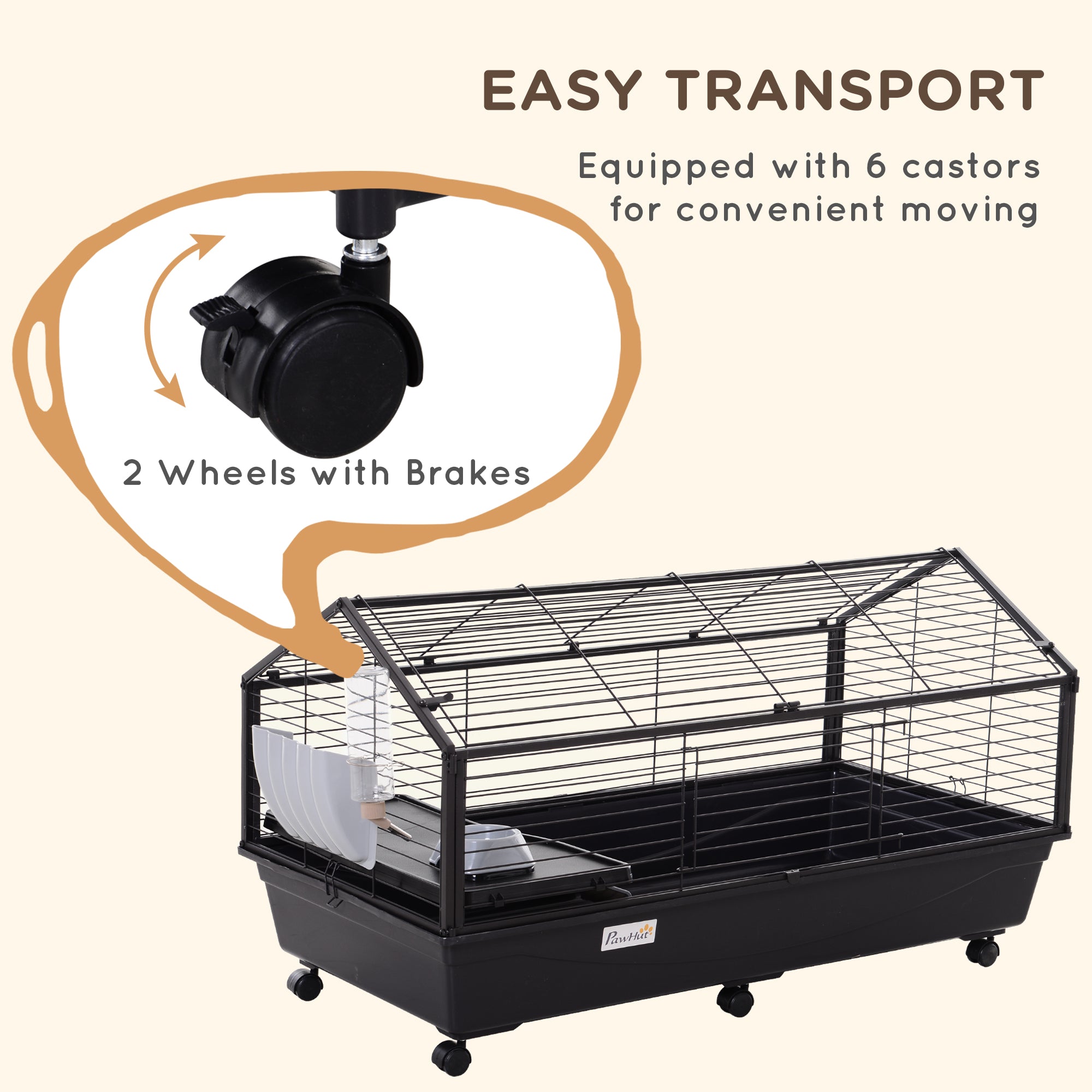 PawHut Small Animal Cage with Foldable Run Area, Rolling Bunny Cage, Guinea Pig Cage, Hedgehog Cage with Water Bottle, Water Bowl, and Ramps, 35" L