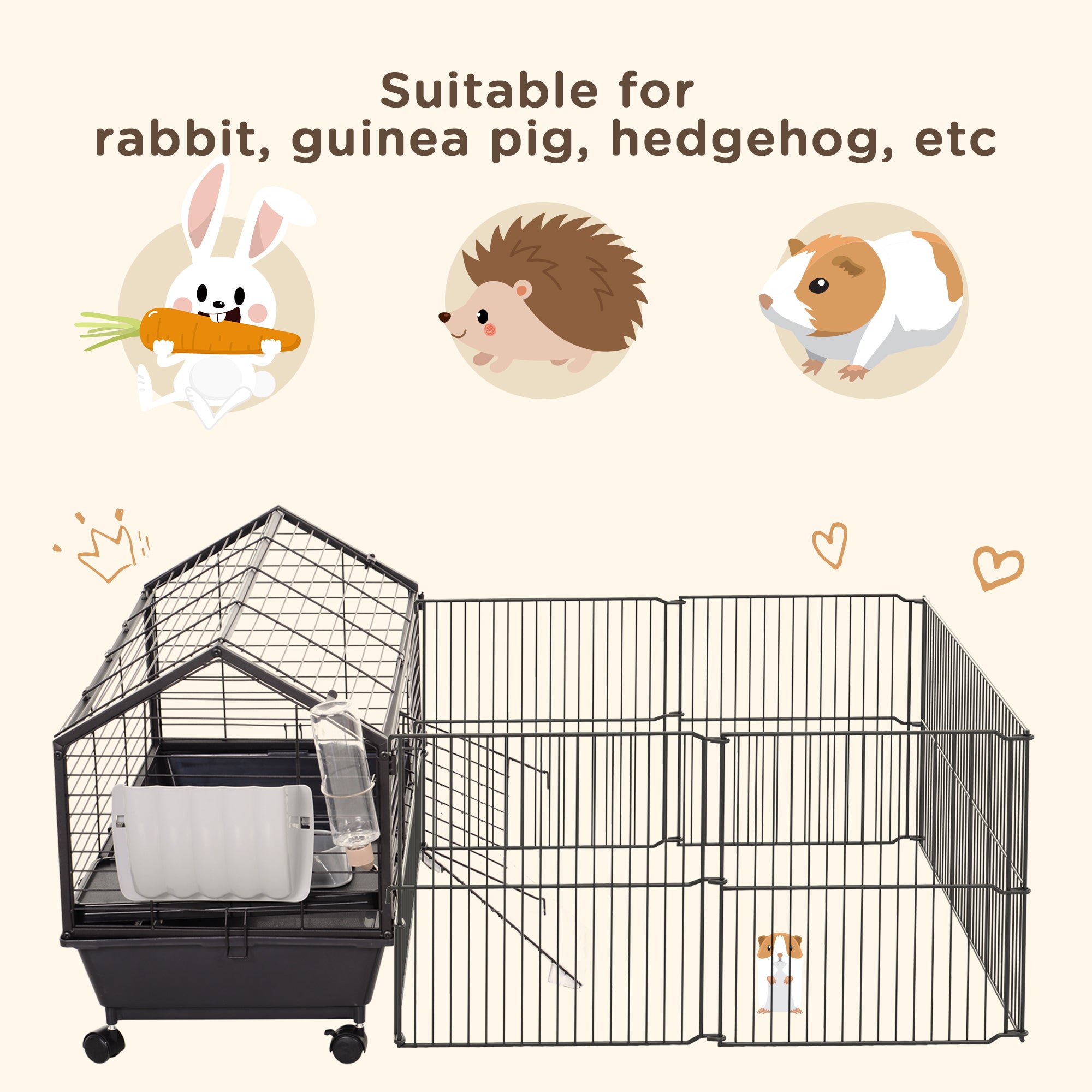 PawHut Small Animal Cage with Foldable Run Area, Rolling Bunny Cage, Guinea Pig Cage, Hedgehog Cage with Water Bottle, Water Bowl, and Ramps, 35" L