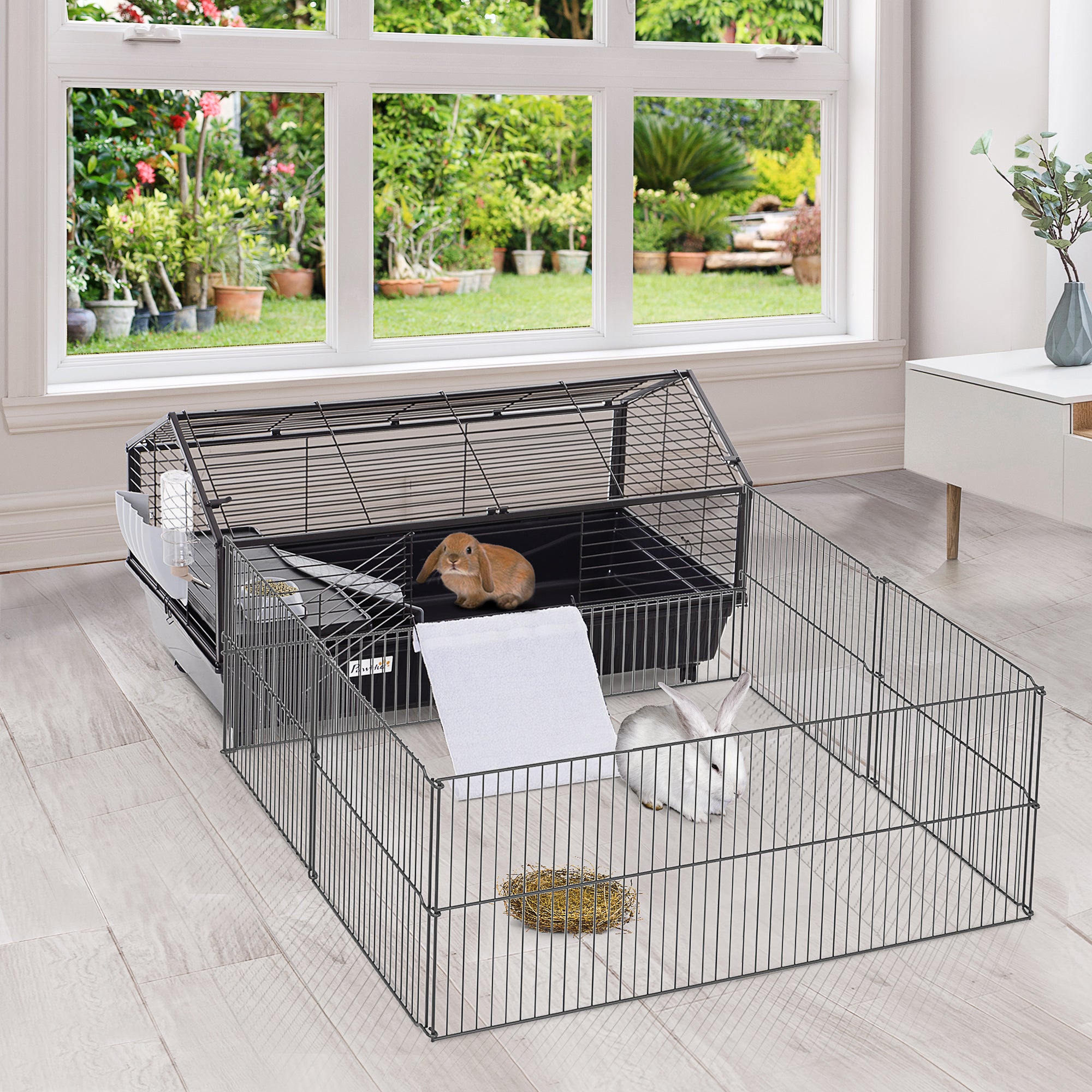 PawHut Small Animal Cage with Foldable Run Area, Rolling Bunny Cage, Guinea Pig Cage, Hedgehog Cage with Water Bottle, Water Bowl, and Ramps, 35" L