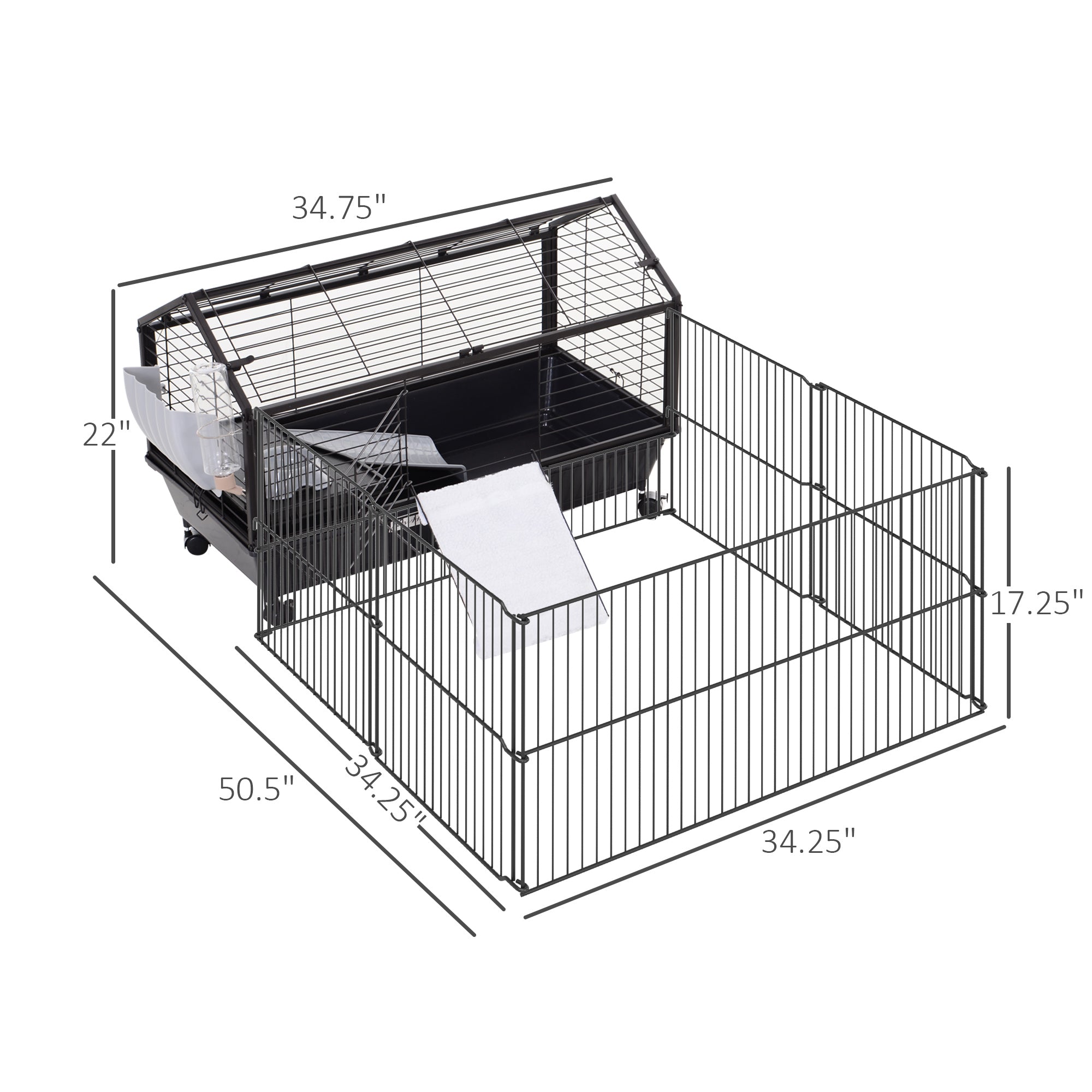 PawHut Small Animal Cage with Foldable Run Area, Rolling Bunny Cage, Guinea Pig Cage, Hedgehog Cage with Water Bottle, Water Bowl, and Ramps, 35" L