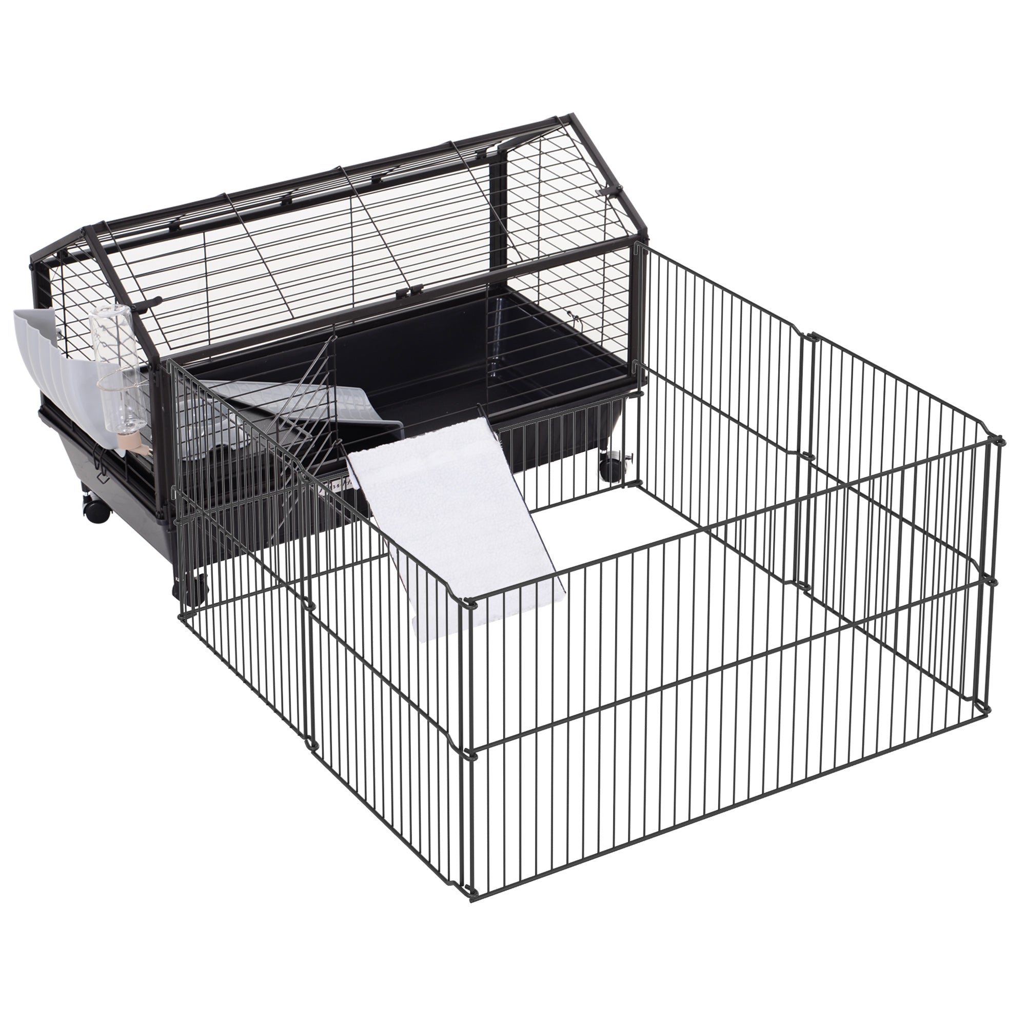 PawHut Small Animal Cage with Foldable Run Area, Rolling Bunny Cage, Guinea Pig Cage, Hedgehog Cage with Water Bottle, Water Bowl, and Ramps, 35" L