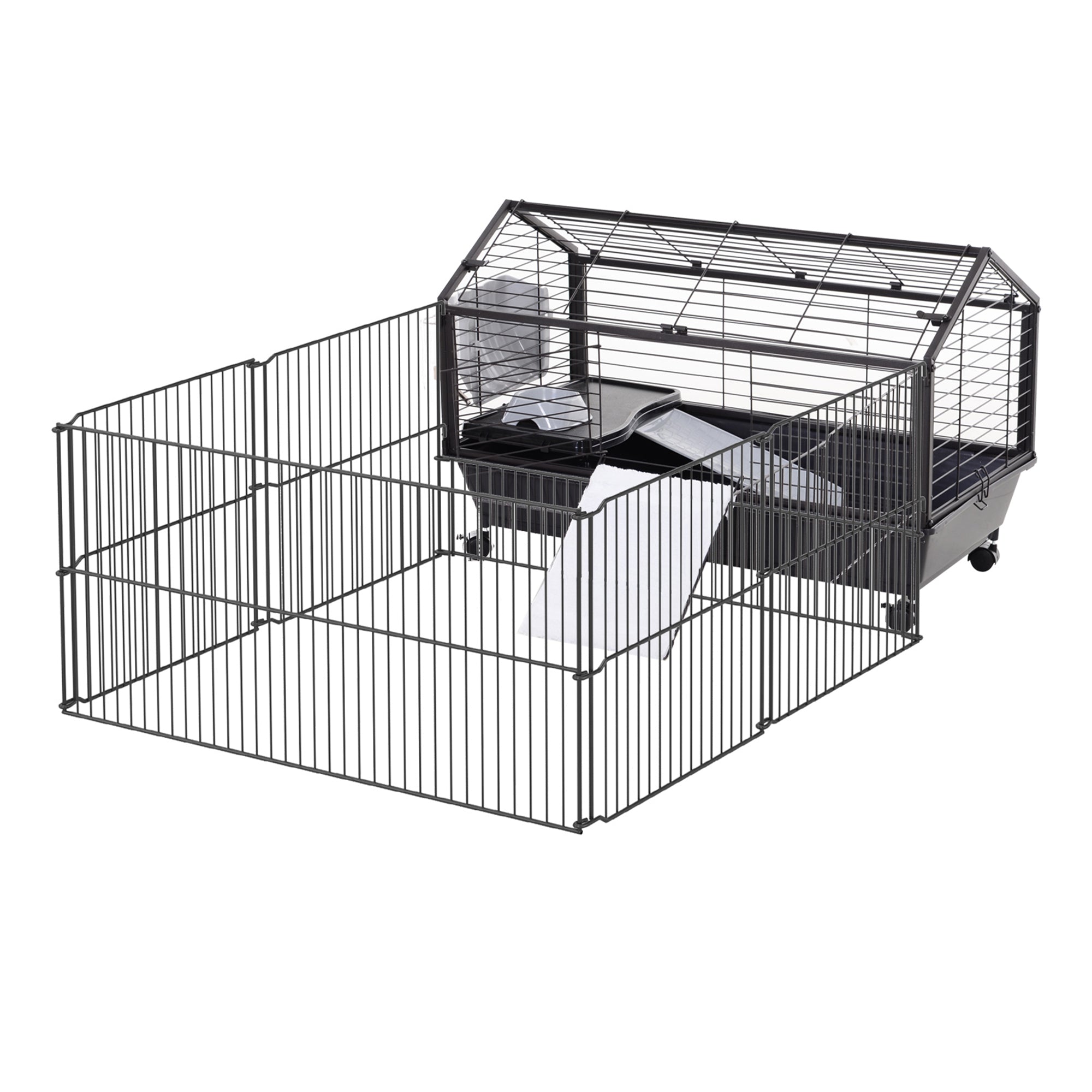 PawHut Small Animal Cage with Foldable Run Area, Rolling Bunny Cage, Guinea Pig Cage, Hedgehog Cage with Water Bottle, Water Bowl, and Ramps, 35" L