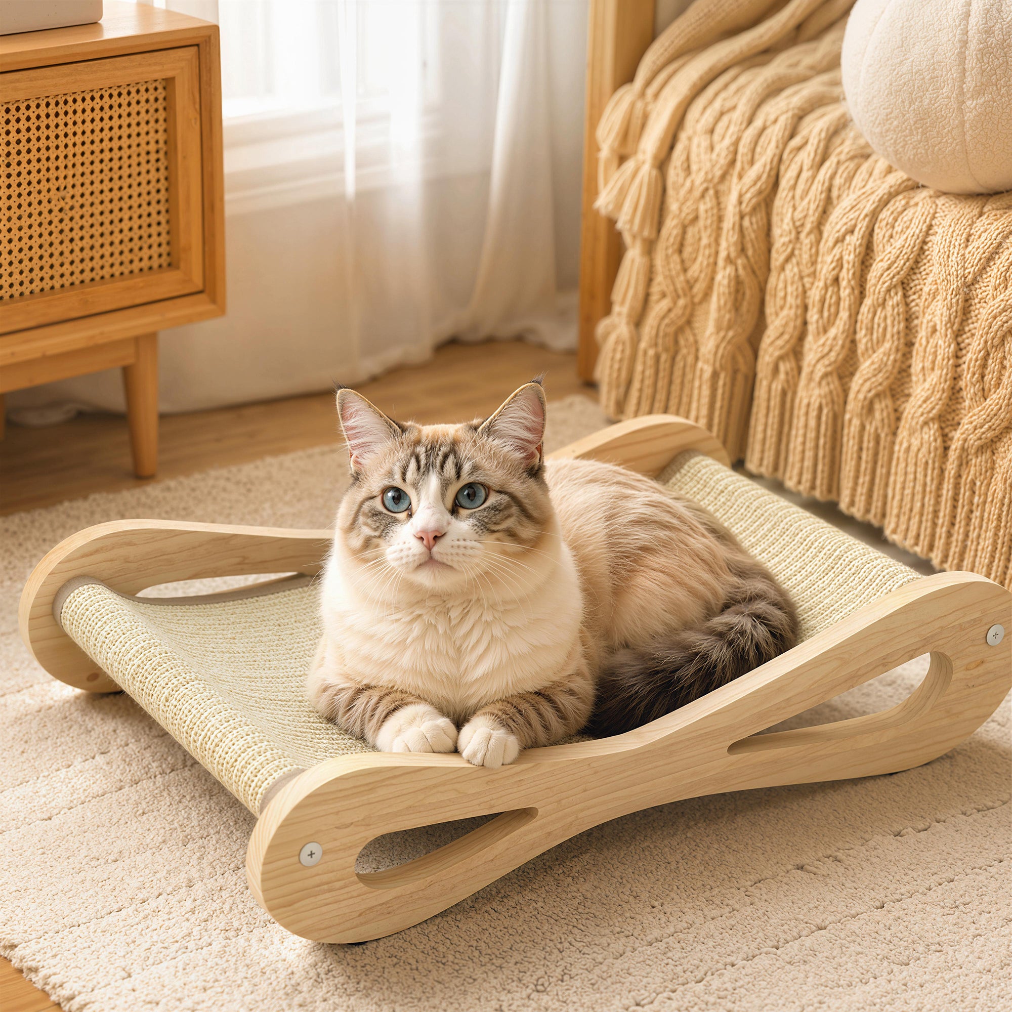 2 in 1 Sisal Cat Scratcher Bed, Pine Wood Cat Scratching Board and Lounger for Indoor Pets, Anti-Slip Pet Furniture, 60 x 35 x 13 cm, Cream White