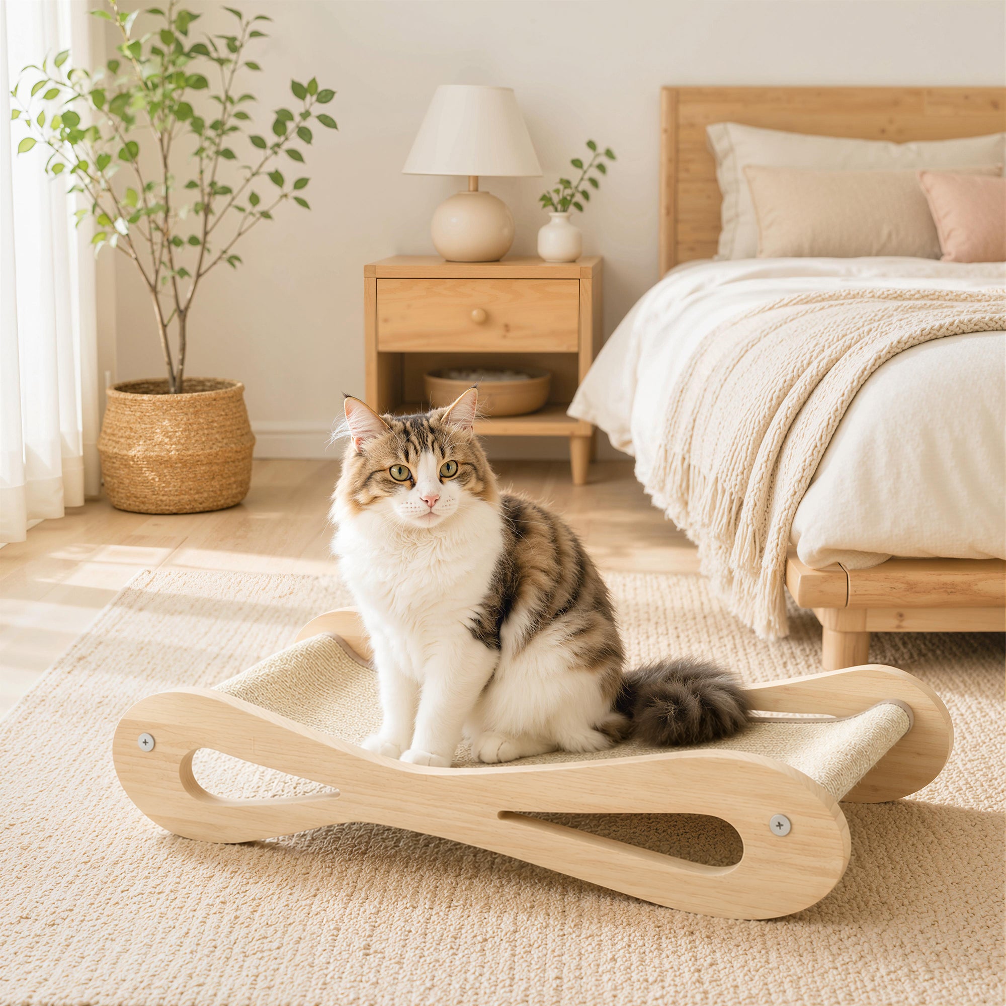 2 in 1 Sisal Cat Scratcher Bed, Pine Wood Cat Scratching Board and Lounger for Indoor Pets, Anti-Slip Pet Furniture, 60 x 35 x 13 cm, Cream White