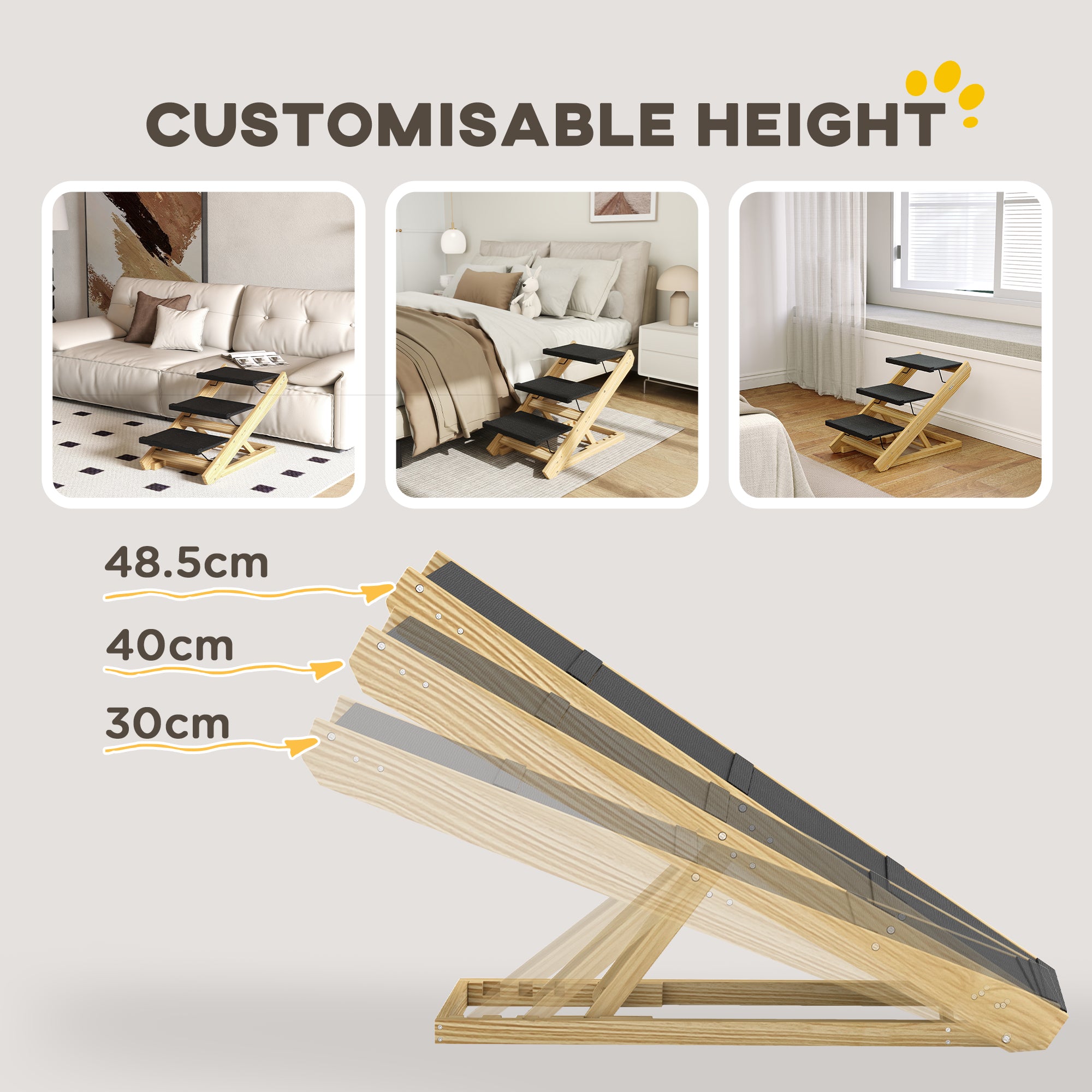 Dog Steps Dog Ramp, 3-Step Adjustable Height Pet Stairs for Medium Sized Dogs, Foldable Dog Stairs for Bed Sofa, with Non-slip Surface