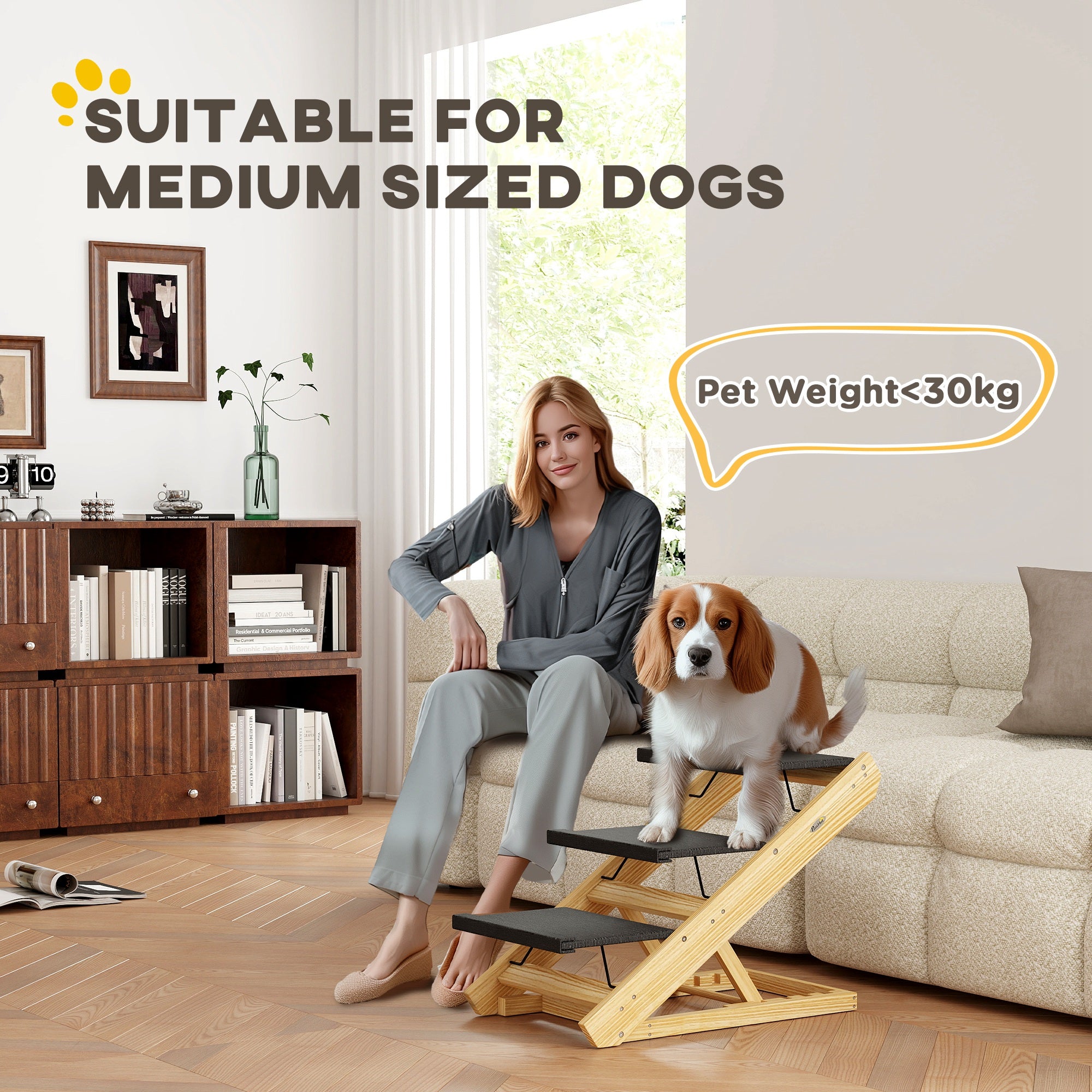 Dog Steps Dog Ramp, 3-Step Adjustable Height Pet Stairs for Medium Sized Dogs, Foldable Dog Stairs for Bed Sofa, with Non-slip Surface
