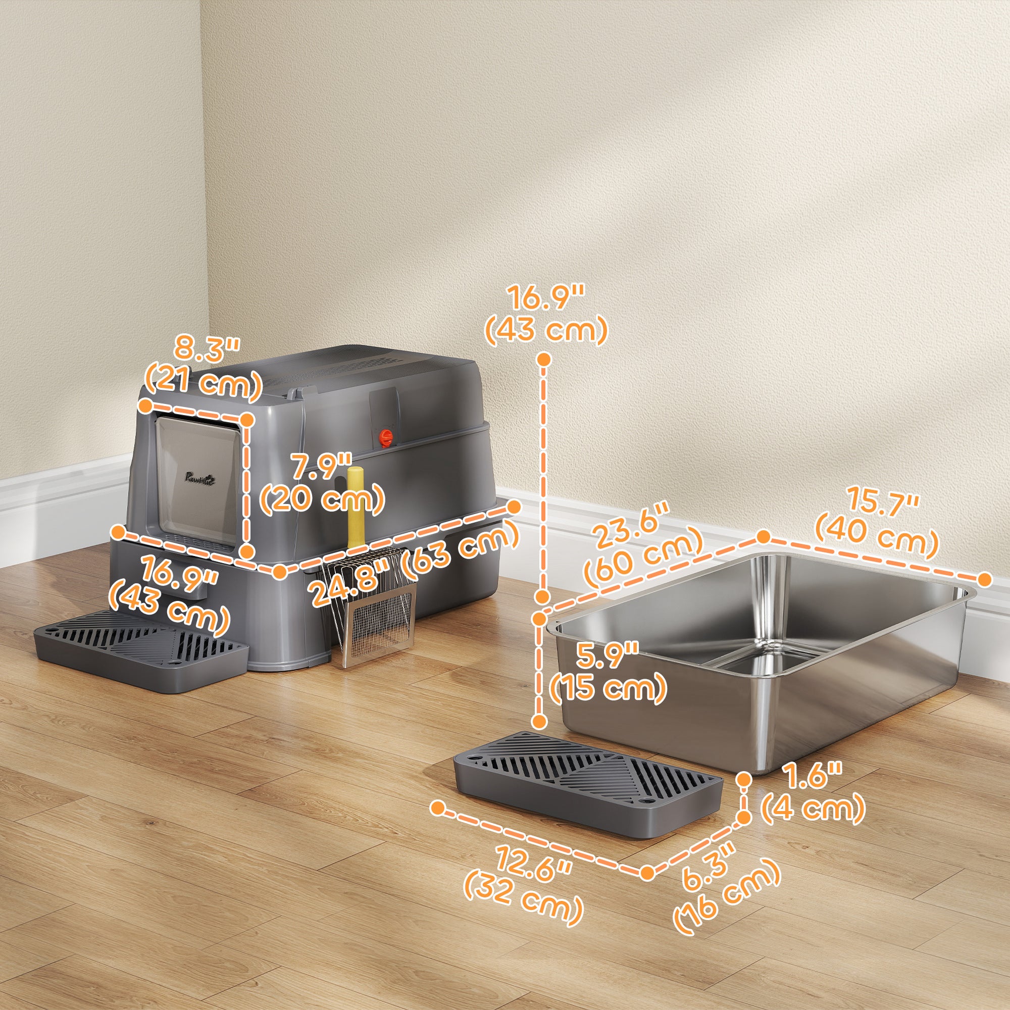 80L Stainless Steel Cat Litter Box with Lid, XL Metal Litter Box for Big Cats with 180° Flip Cover, Pull-Out Drawer Tray, High Sided, Pedal, Metal Scoop, Dark Grey