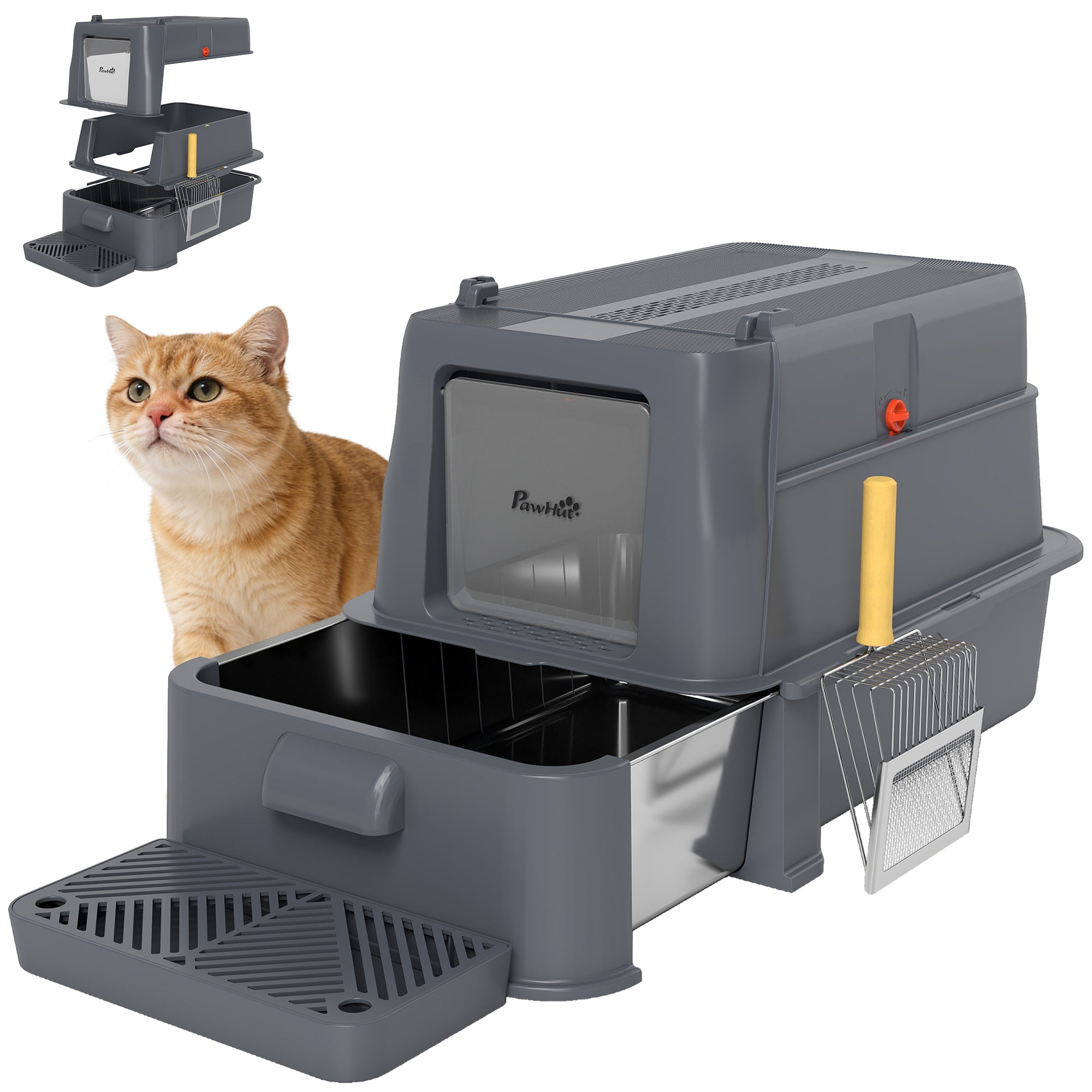 80L Stainless Steel Cat Litter Box with Lid, XL Metal Litter Box for Big Cats with 180° Flip Cover, Pull-Out Drawer Tray, High Sided, Pedal, Metal Scoop, Dark Grey