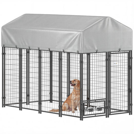 8' x 4' x 6' Outdoor Dog Kennel, Welded Wire Dog Kennel Outside Run with 360° Rotating Bowls, Waterproof & UV Resistant Cover, for S&M&L Breeds, Chickens, Ducks, Sliver