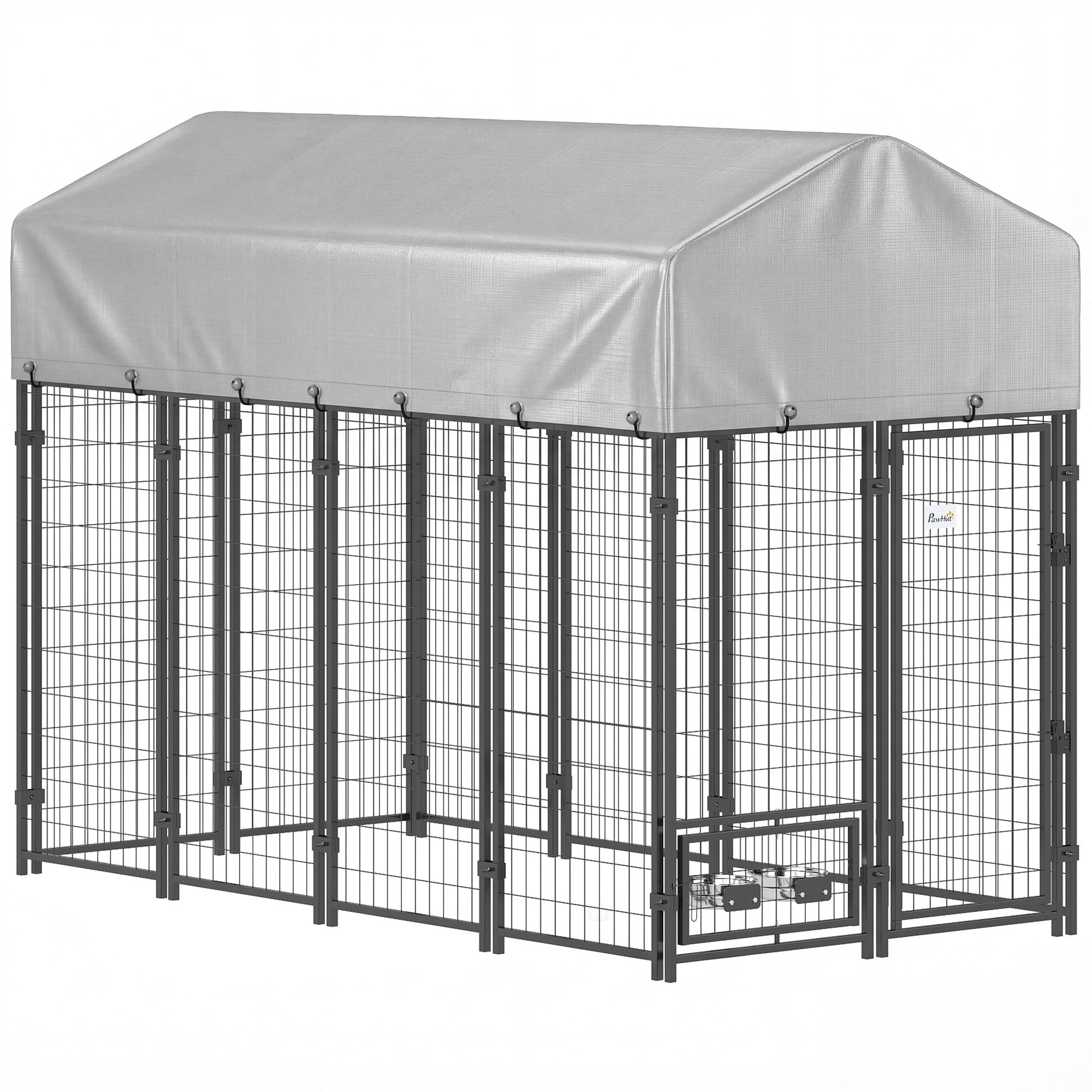 8' x 4' x 6' Outdoor Dog Kennel, Welded Wire Dog Kennel Outside Run with 360° Rotating Bowls, Waterproof & UV Resistant Cover, for S&M&L Breeds, Chickens, Ducks, Sliver