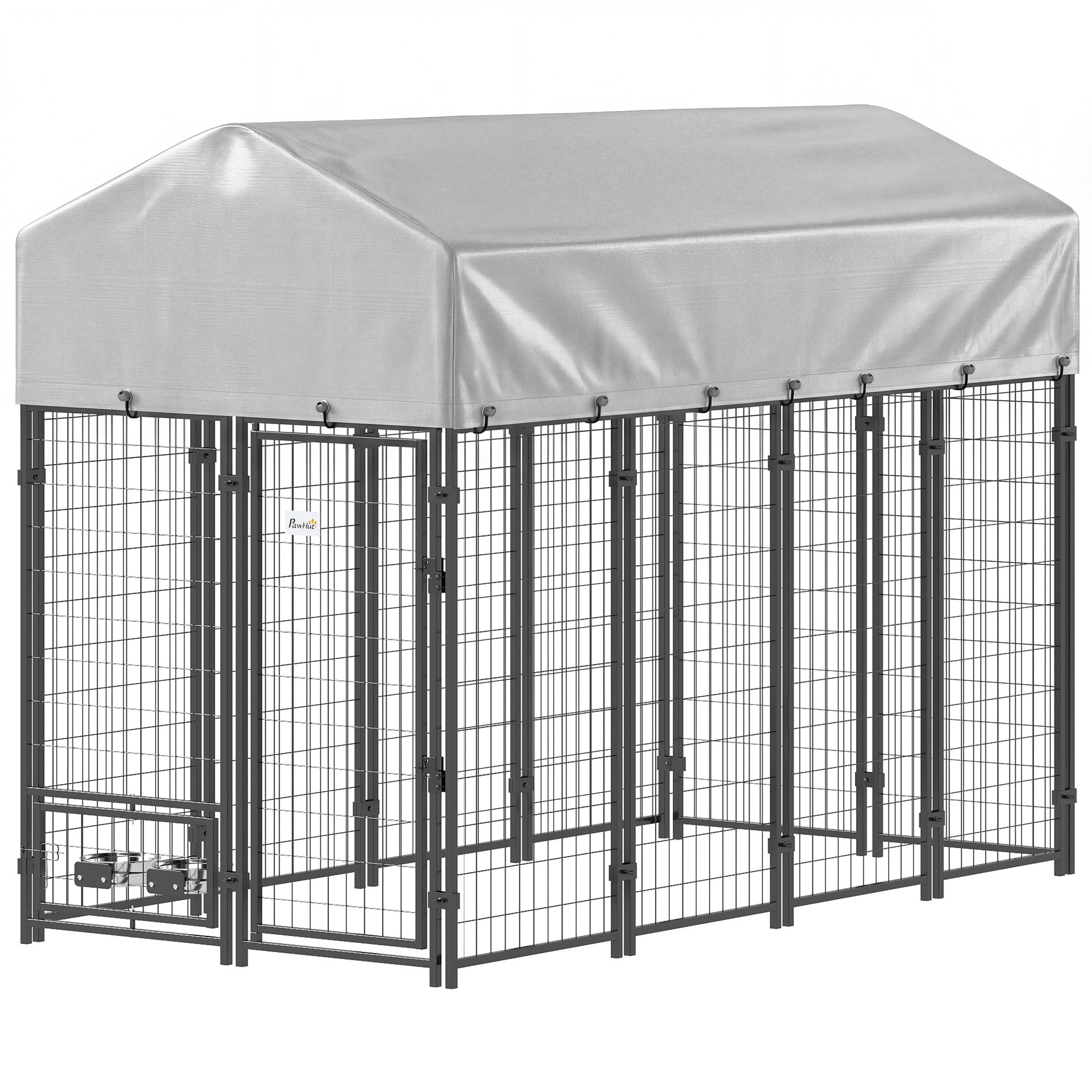 8' x 4' x 6' Outdoor Dog Kennel, Welded Wire Dog Kennel Outside Run with 360° Rotating Bowls, Waterproof & UV Resistant Cover, for S&M&L Breeds, Chickens, Ducks, Sliver