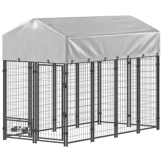 8' x 4' x 6' Outdoor Dog Kennel, Welded Wire Dog Kennel Outside Run with 360° Rotating Bowls, Waterproof & UV Resistant Cover, for S&M&L Breeds, Chickens, Ducks, Sliver