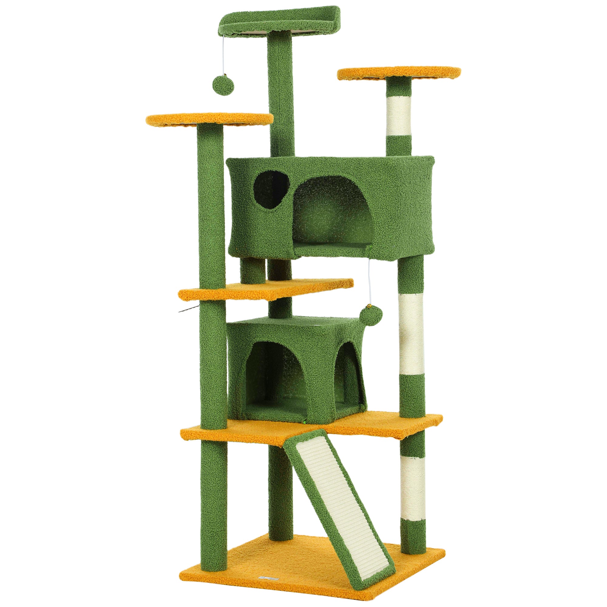 54" Cat Tree, Cat Tower for Indoor Cats with Scratching Posts, Cat Condos, Bed, Platforms, Ramp, Toy Ball, Cat Activity Center, Green