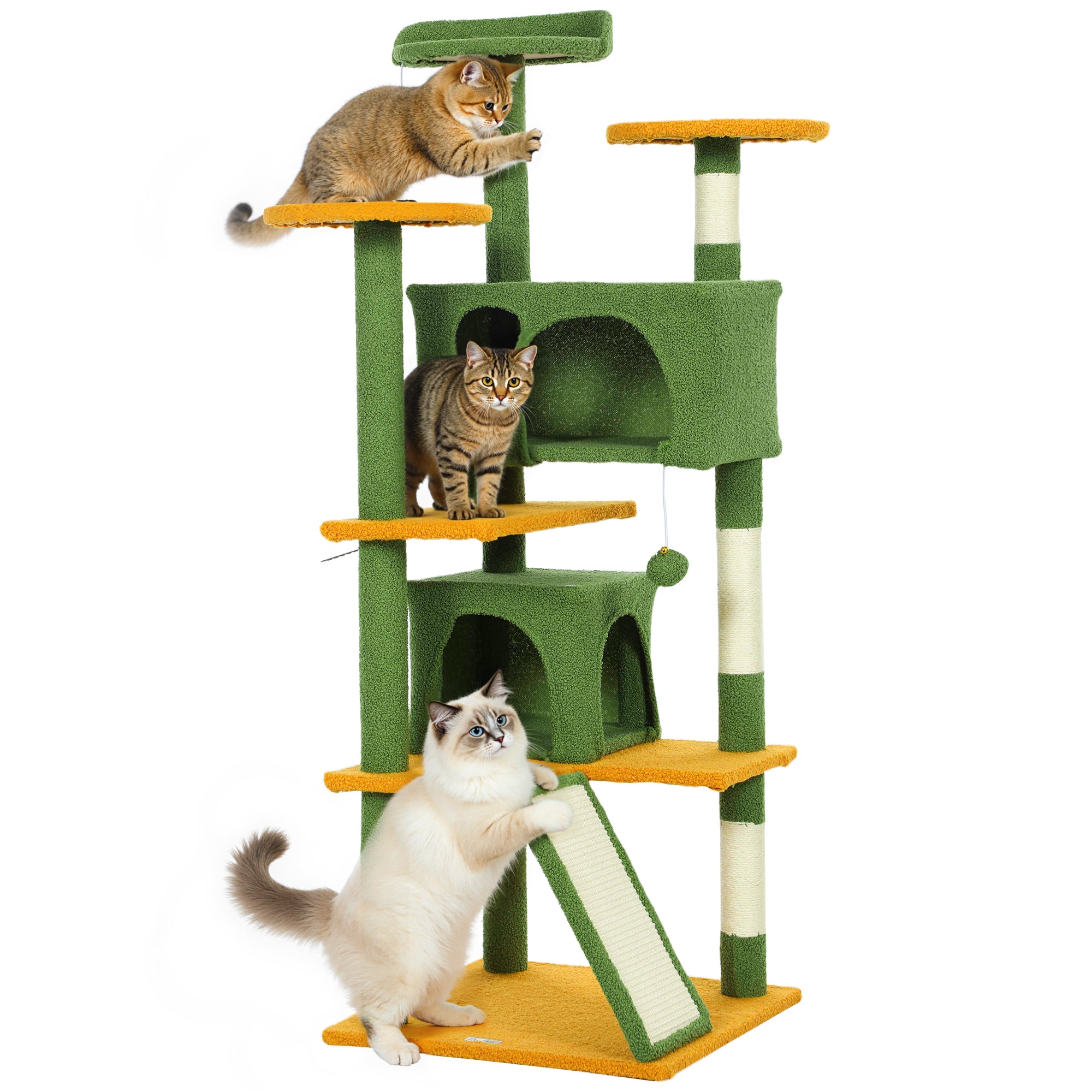54" Cat Tree, Cat Tower for Indoor Cats with Scratching Posts, Cat Condos, Bed, Platforms, Ramp, Toy Ball, Cat Activity Center, Green