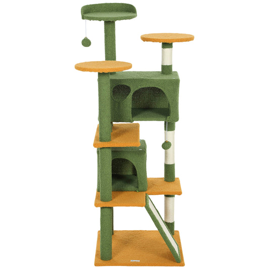 54" Cat Tree, Cat Tower for Indoor Cats with Scratching Posts, Cat Condos, Bed, Platforms, Ramp, Toy Ball, Cat Activity Center, Green