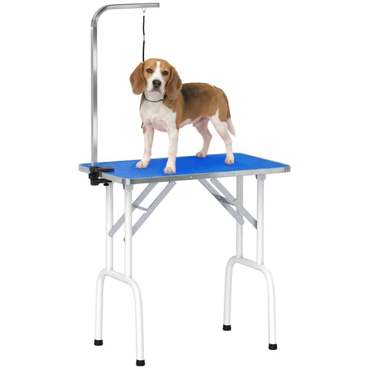 Foldable Dog Grooming Table, 32" Portable Pet Grooming Table with Height Adjustable Arm and Anti-Slip Rubber Top for Small Medium Dogs and Cats, Blue