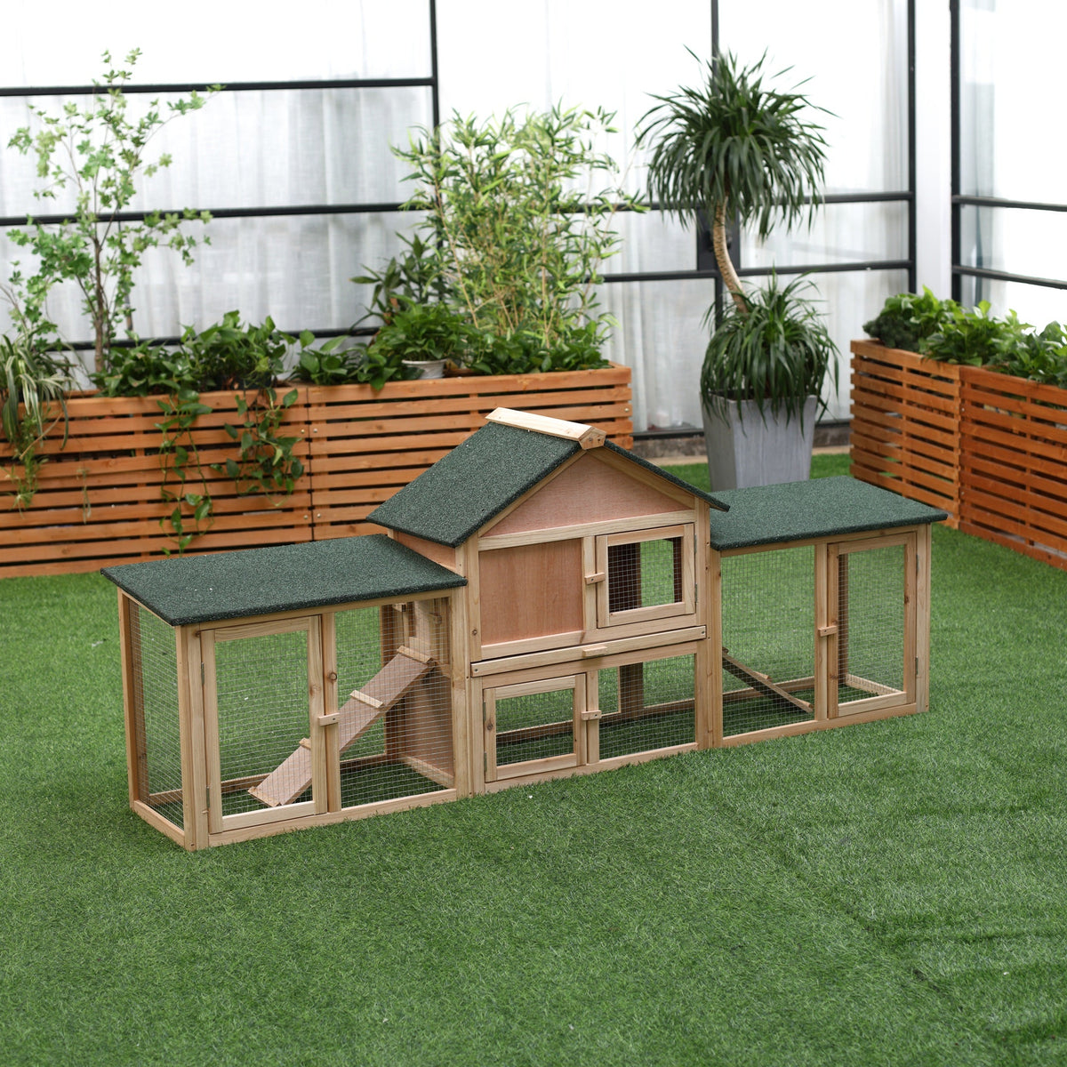 Wooden Rabbit Hutch with Double Runs 83"x18"x33" Natural