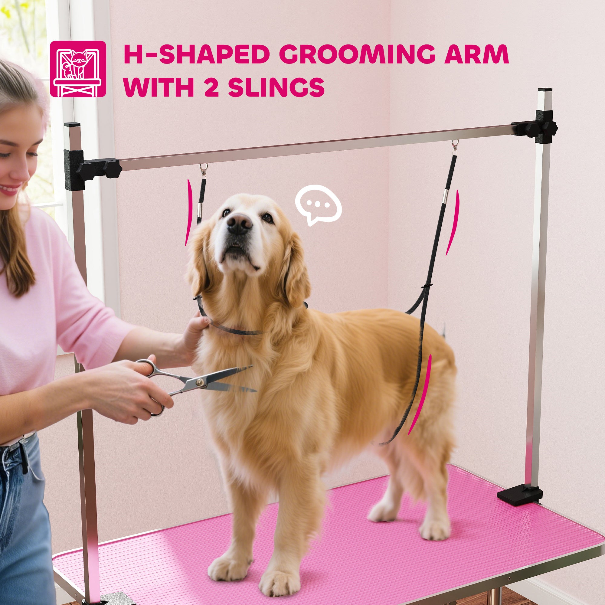 43"L Dog Grooming Table, Pet Foldable Grooming Table with 8"- 32" Adjustable Arm, Two Nooses, Mesh Tray and Rubber Top for Large Medium Small Pets, Pink