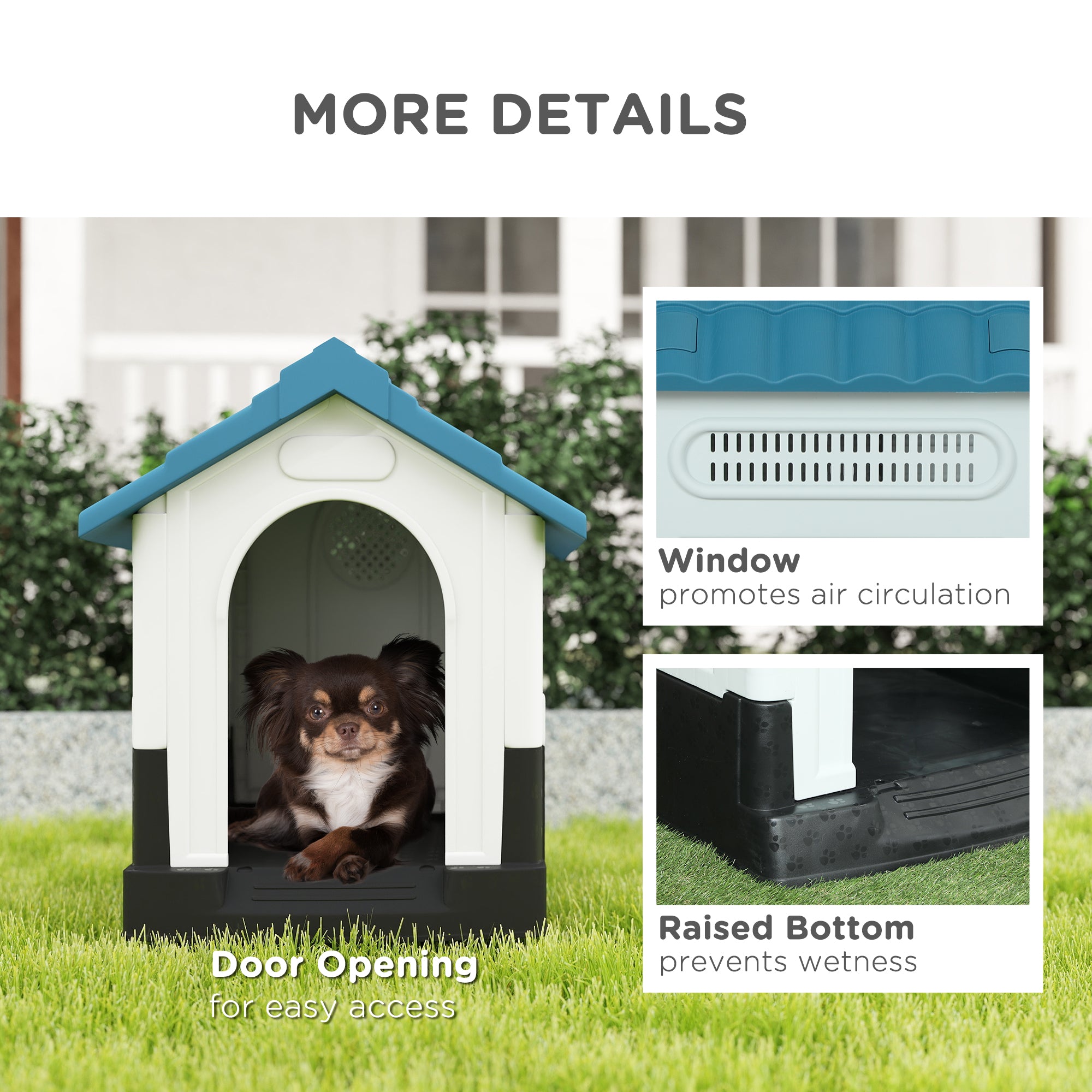 Outdoor Dog House, Plastic Dog Kennel, Water-Resistant Pet Shelter with Windows, Base Support for Garden Patio, Miniature Dogs, 25" x 22" x 26" - Blue