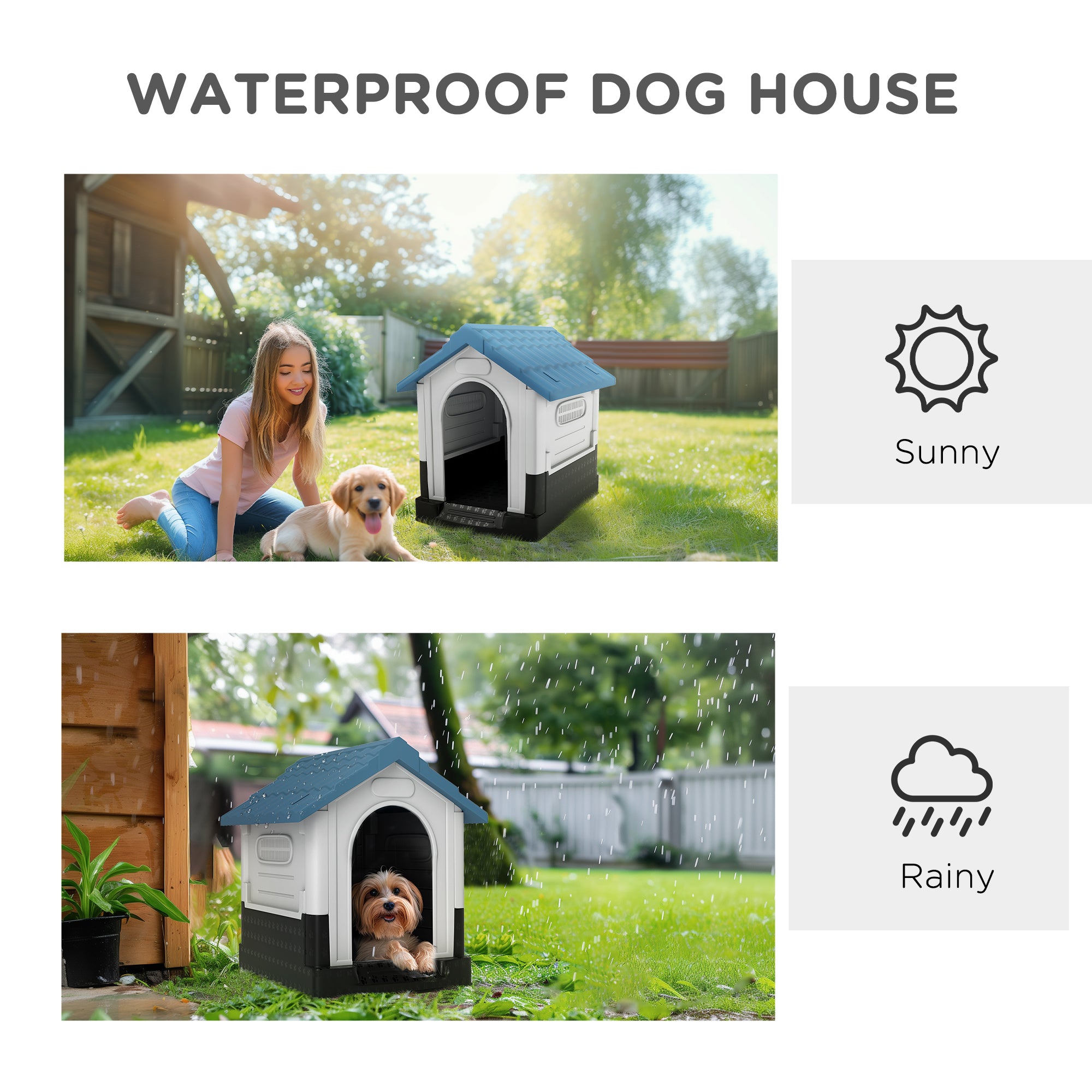 Dog Kennel for Outside, Plastic Dog House, Water-Resistant Pet Shelter with Windows, for Garden Patio, Miniature Dogs, 64.5 x 57 x 66cm - Blue