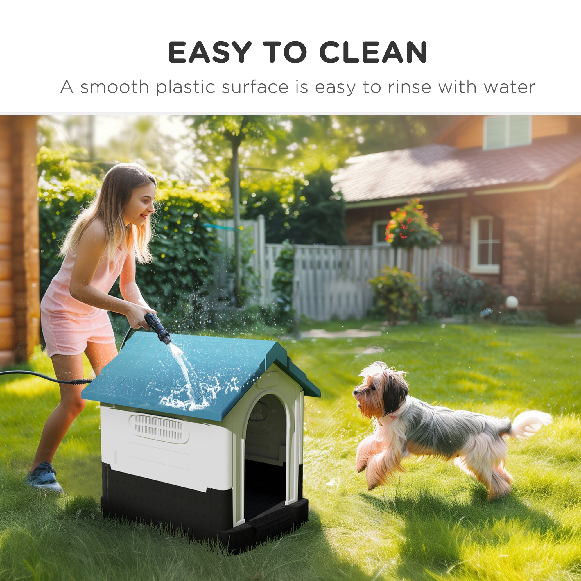Outdoor Dog House, Plastic Dog Kennel, Water-Resistant Pet Shelter with Windows, Base Support for Garden Patio, Miniature Dogs, 25" x 22" x 26" - Blue