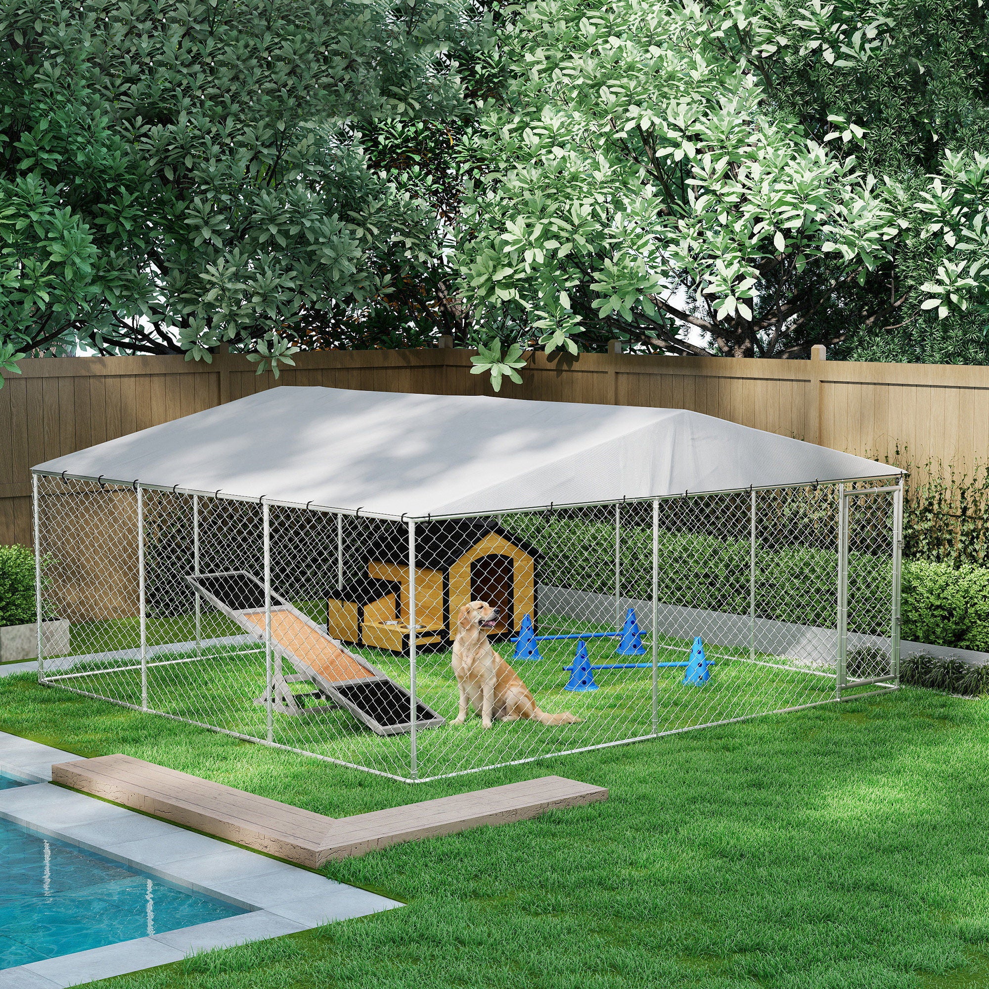 Outdoor Dog Kennel, Heavy Duty Dog Run Outdoor Fence with Waterproof Cover, Galvanized Chain Link, Secure Lock, for Large Breeds, Chickens, Ducks, 15' x 15' x 7'