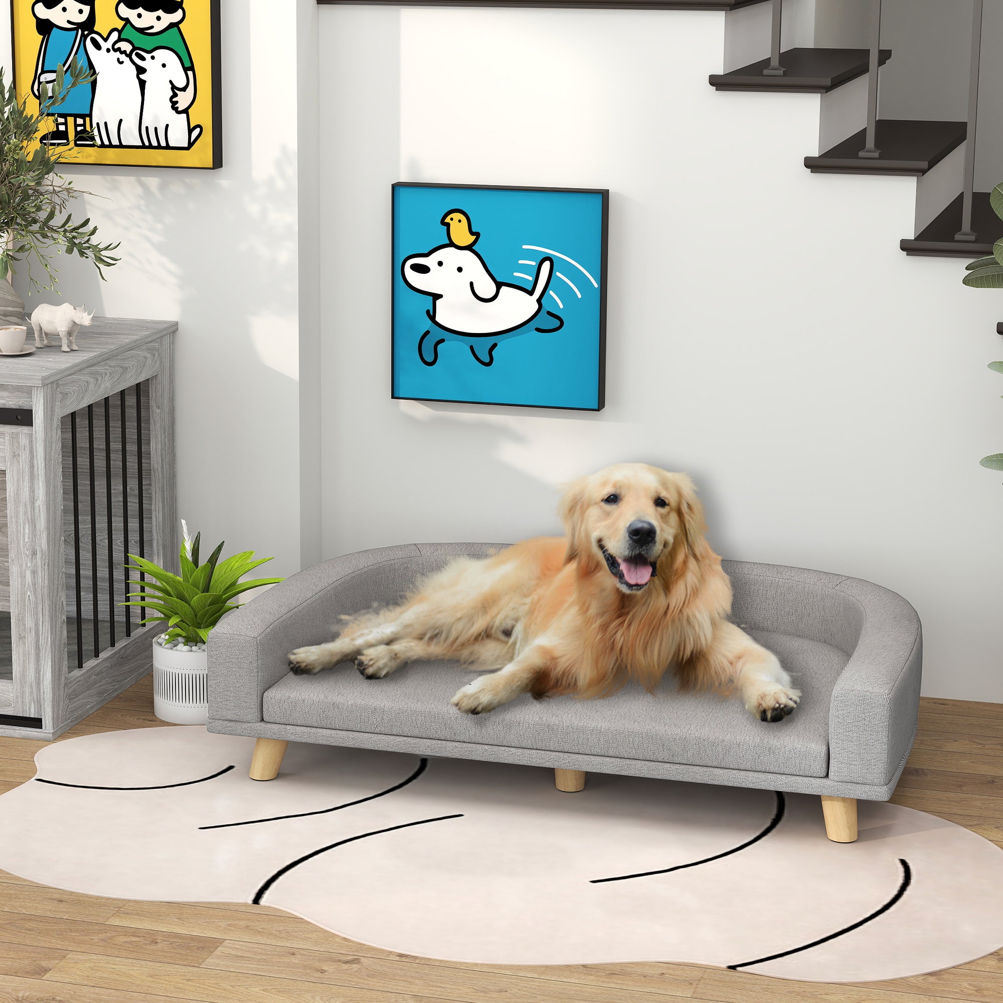 Dog Sofa, Dog Couch Bed for Large Dogs, Elevated Pet Cat Sofa Bed with Removable Washable Cover, Anti-slip Foot Pads, Grey