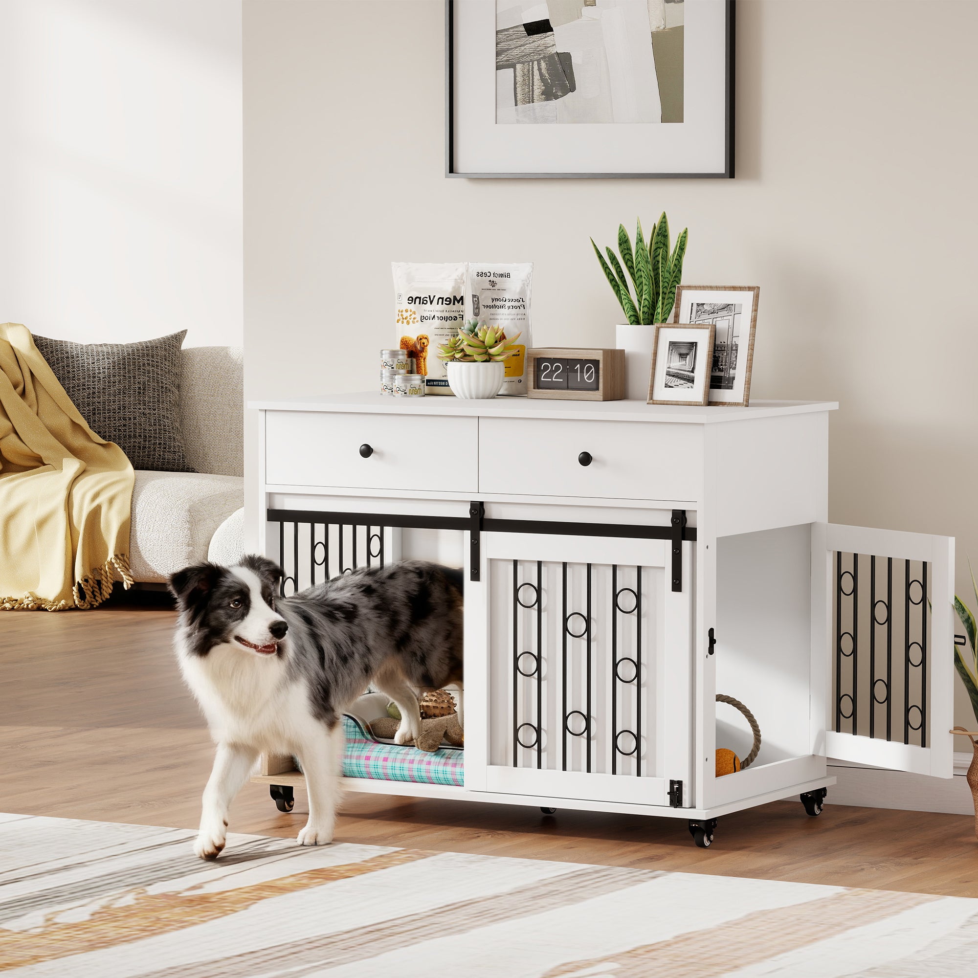 Dog Crate Furniture, 39" Dog Kennel Indoor with 2 Storage Drawers, Wheels, Sliding Door, Decorative End Side Table Pet House Cage for Medium and Large Breeds, White