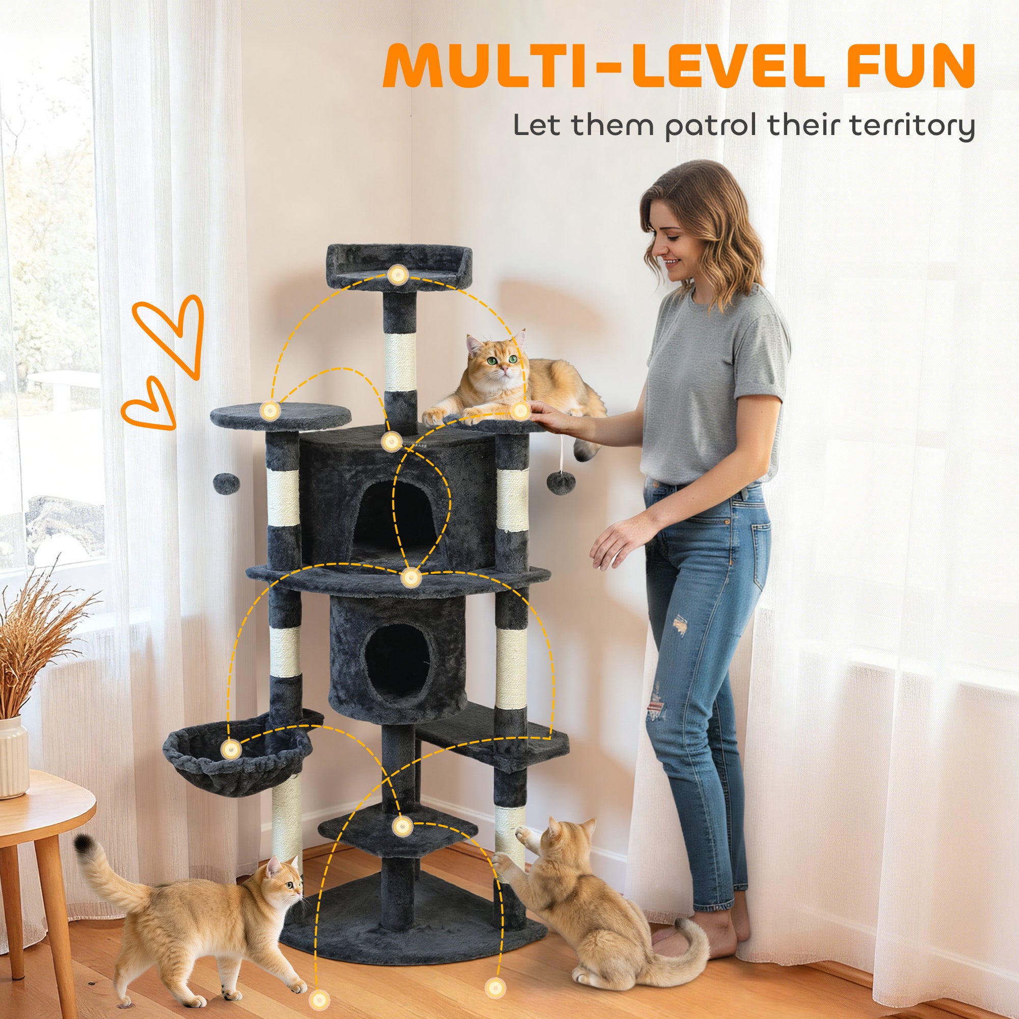 Cat Tree, 62" Multi-Level Cat Tower with Scratching Posts, 2 Condos, Hammock, Perches, Plush, Pompoms, for Indoor Kittens Playing, Resting, Sleeping, Dark Grey