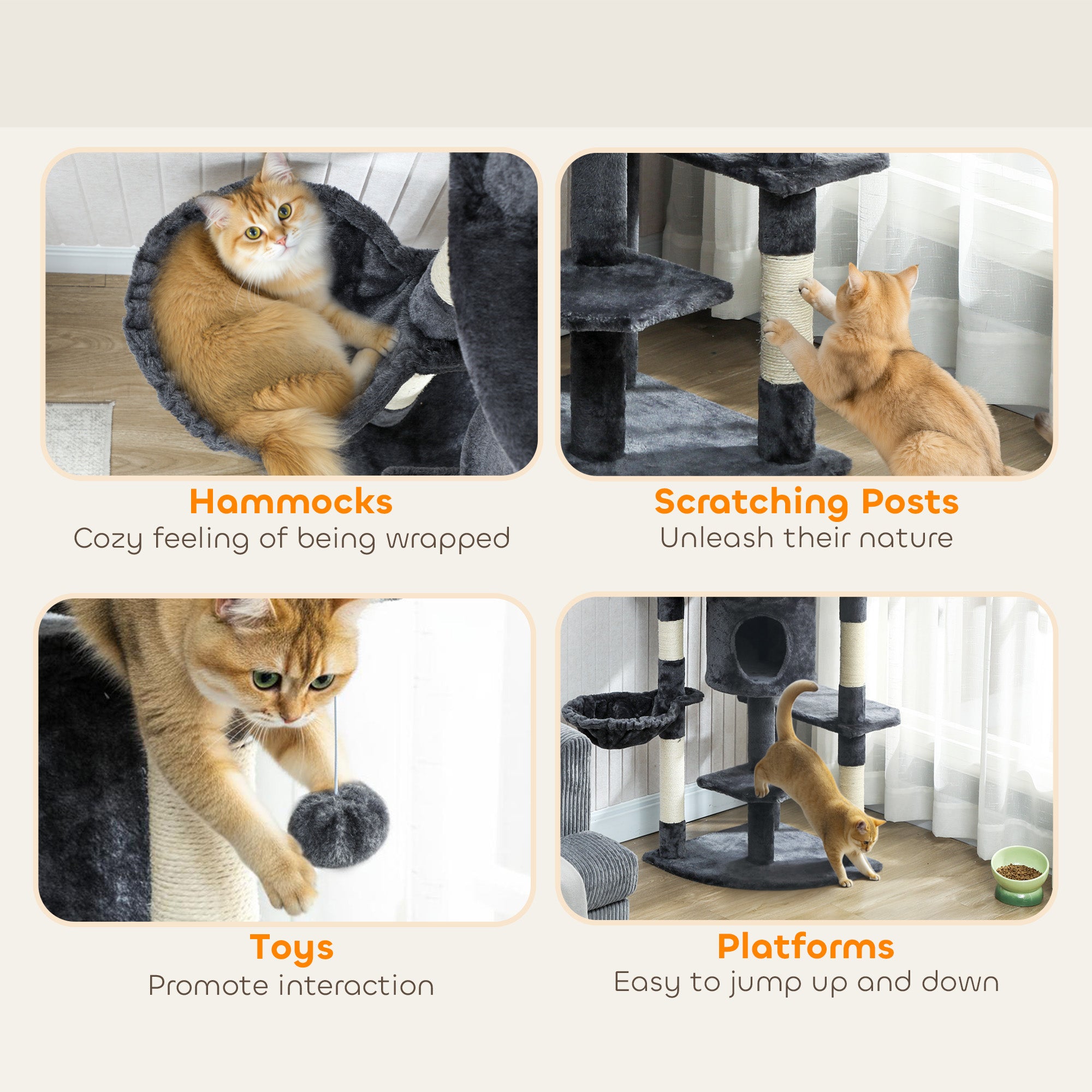 Cat Tree, 62" Multi-Level Cat Tower with Scratching Posts, 2 Condos, Hammock, Perches, Plush, Pompoms, for Indoor Kittens Playing, Resting, Sleeping, Dark Grey