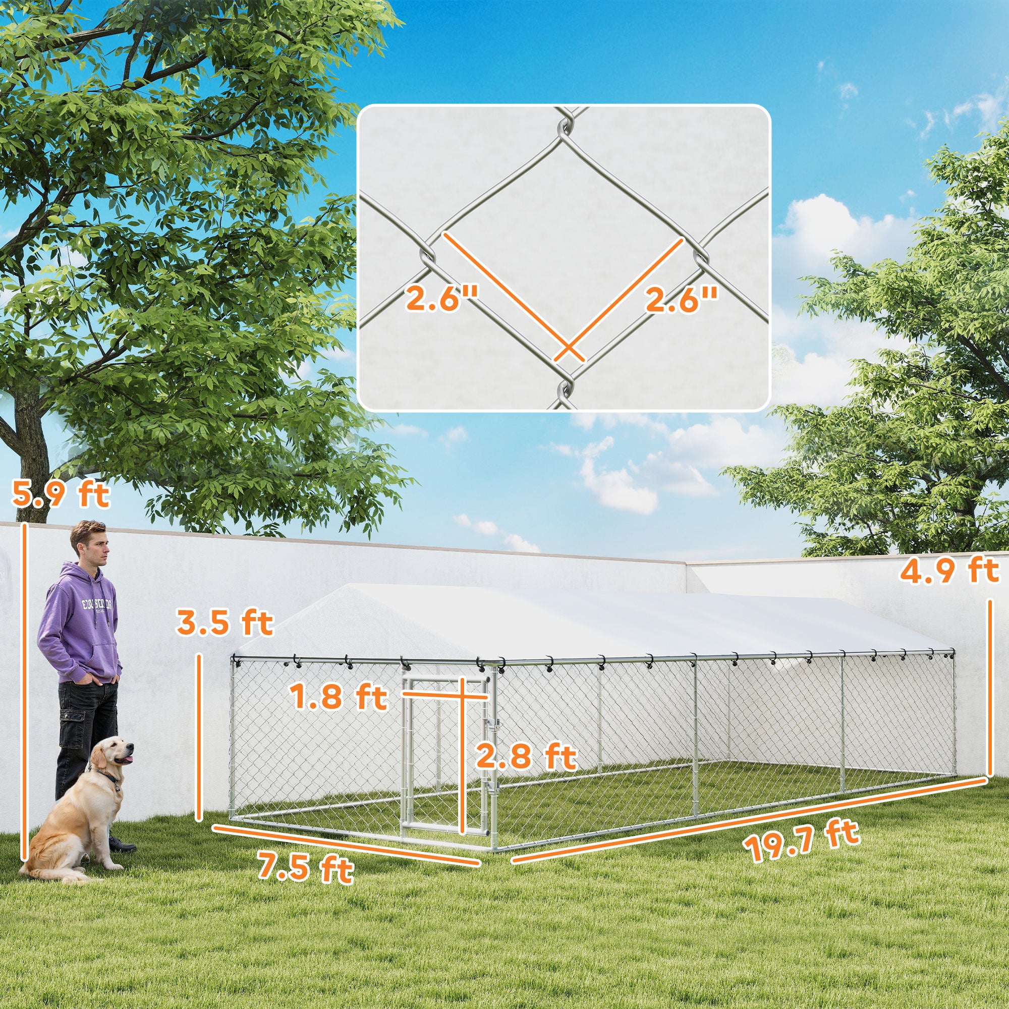 Outdoor Dog Kennel, Heavy Duty Dog Run Outdoor Fence with Waterproof Cover, Galvanized Chain Link, Double Secure Locks, for Large Breeds, Chickens, Ducks, 20' x 7.5' x 5'