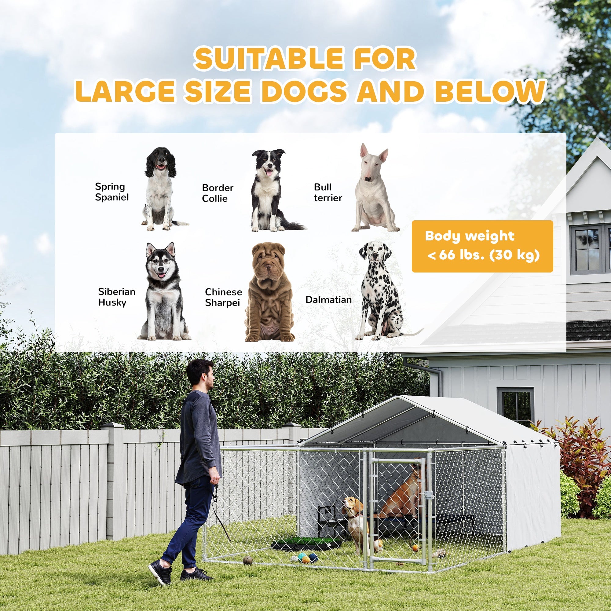 Outdoor Dog Kennel with Waterproof & UV-Resistant Cover, Dog Run with Secure Lock for Small Medium Large Dogs, 13.1' x 7.5' x 4.9'