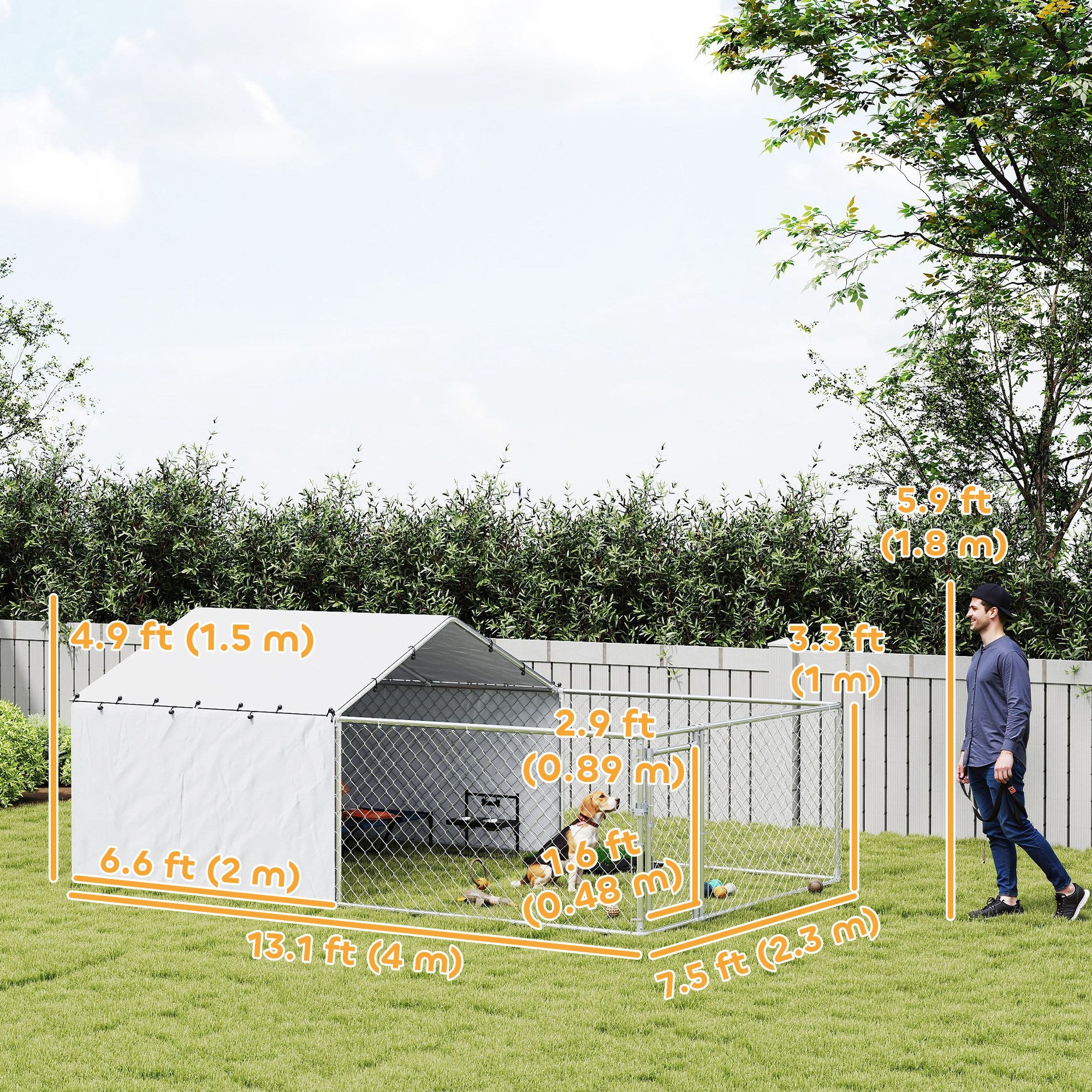 Outdoor Dog Kennel with Waterproof & UV-Resistant Cover, Dog Run with Secure Lock for Small Medium Large Dogs, 13.1' x 7.5' x 4.9'