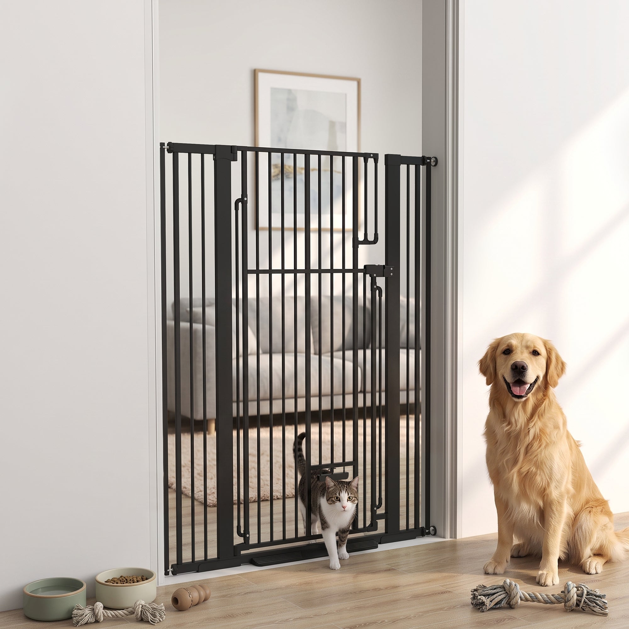 135cm Tall Pet Gate with Cat Door, 81-108 cm Wide Adjustable Pressure Mounted Dog Gate for Doorways, Hallways, Stairs, Includes 2 Extensions, No Drilling, Black