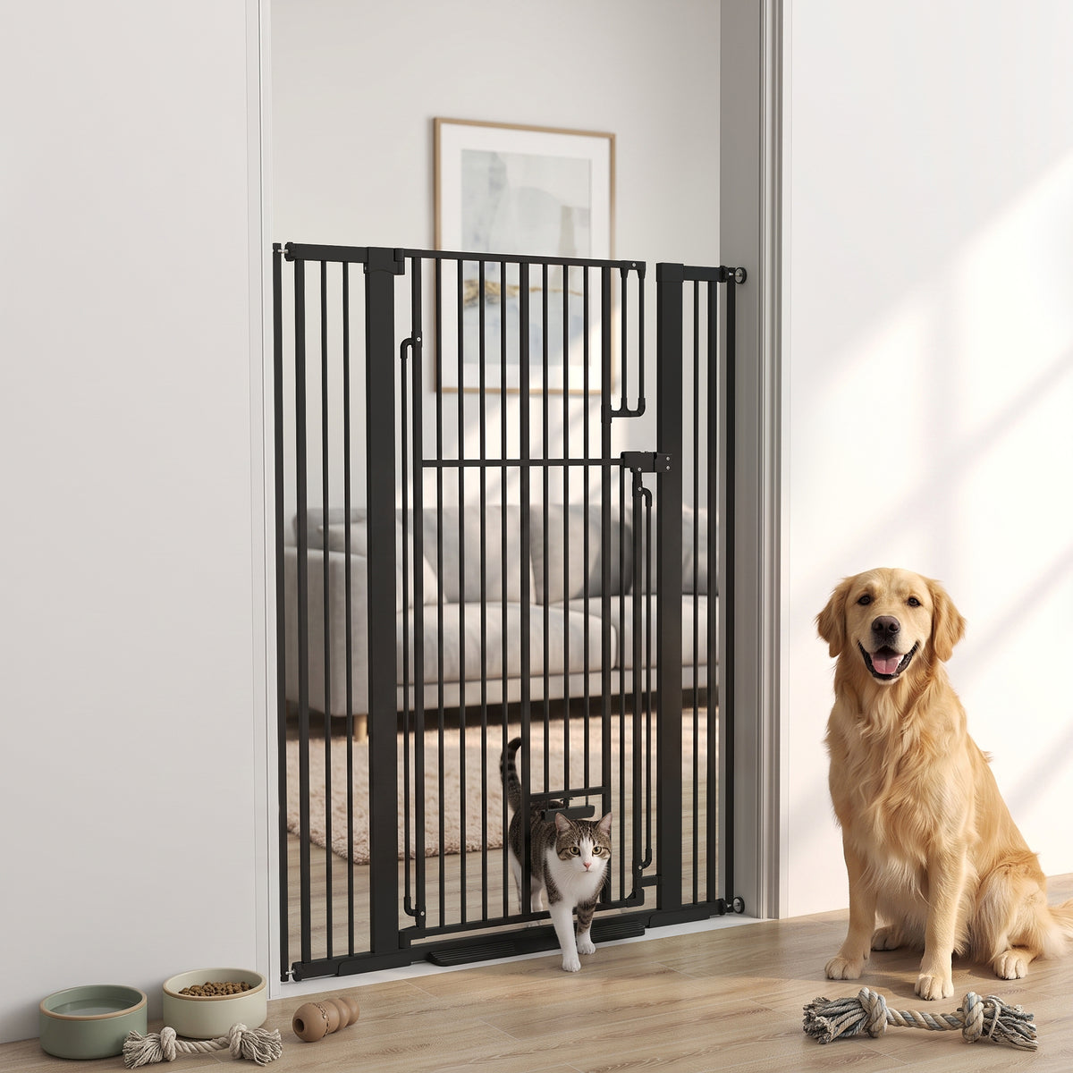 53.1" Tall Pet Gate with Cat Door, 32"-42.5" Wide Adjustable Pressure Mounted Dog Gate for Doorways, Hallways, Stairs, Includes 2 Extensions, No Drilling, Black