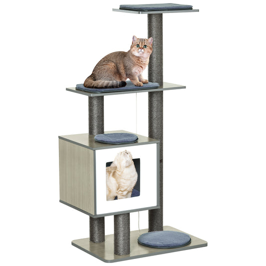 47" Wood Cat Tree, Cat Condo Tower with Scratching Post, Toy Ball, Grey