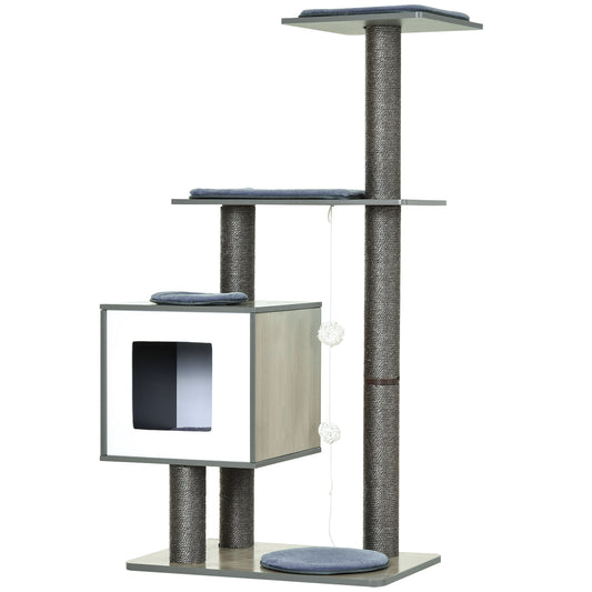 47" Wood Cat Tree, Cat Condo Tower with Scratching Post, Toy Ball, Grey