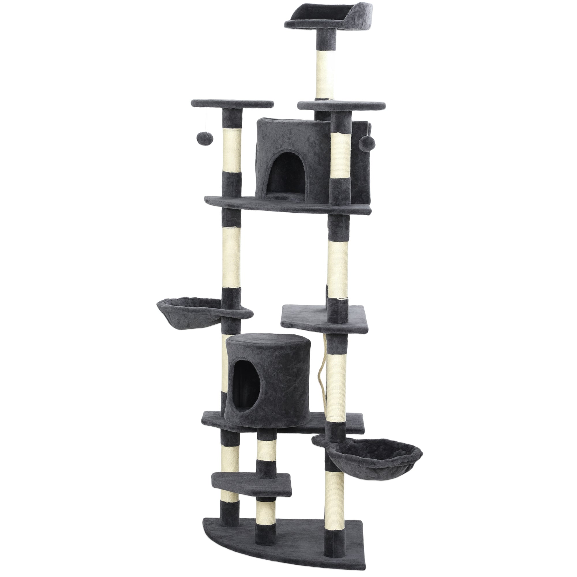 79" Cat Tree Tower, Large Cat Condo Furniture, Multi-Level Cat Tower with Scratching Posts, Cozy Hammock, Dangling Balls - Dark Grey